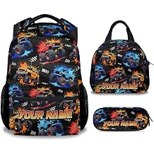 Toddler Backpack Set - Personalized Truck Backpacks with Name for Boys - 3-Piece Kids School Bag with Lunch Box and Pencil Case - Custom Bookbag Gifts for Kindergarten Preschool Elementary