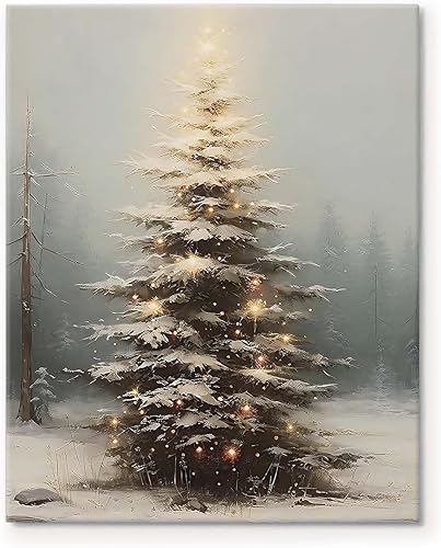 Lienzo decorativo vintage con árbol de Navidad para pared, escena nevada de invierno con pino y luces suaves, póster enmarcado para el hogar, sala