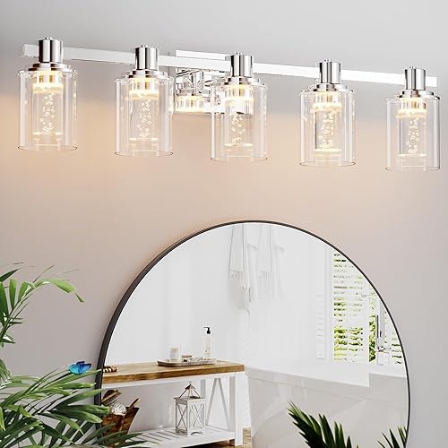 Miniatura 35 de Quntis Lámparas de baño negras de 4 luces con 5 modos de color, lámpara de tocador moderna regulable de 27 pulgadas sobre espejo, lámpara de pared