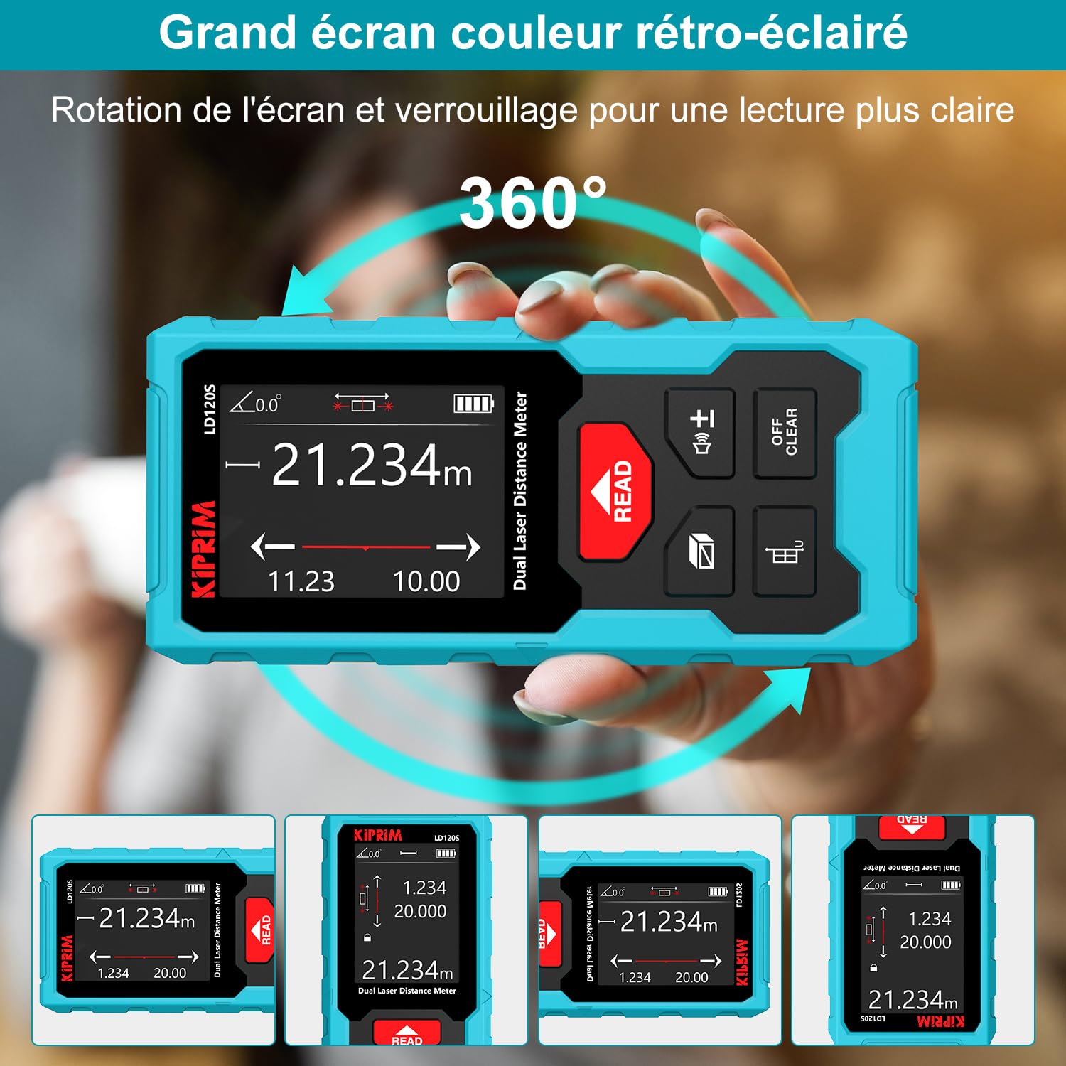 Kiprim LD120S Télémètre Laser Double, 120M de Portée, Niveau électronique, Mesures précises et Fonction Pythagore - pour la Construction, Le Bricolage et la rénovation