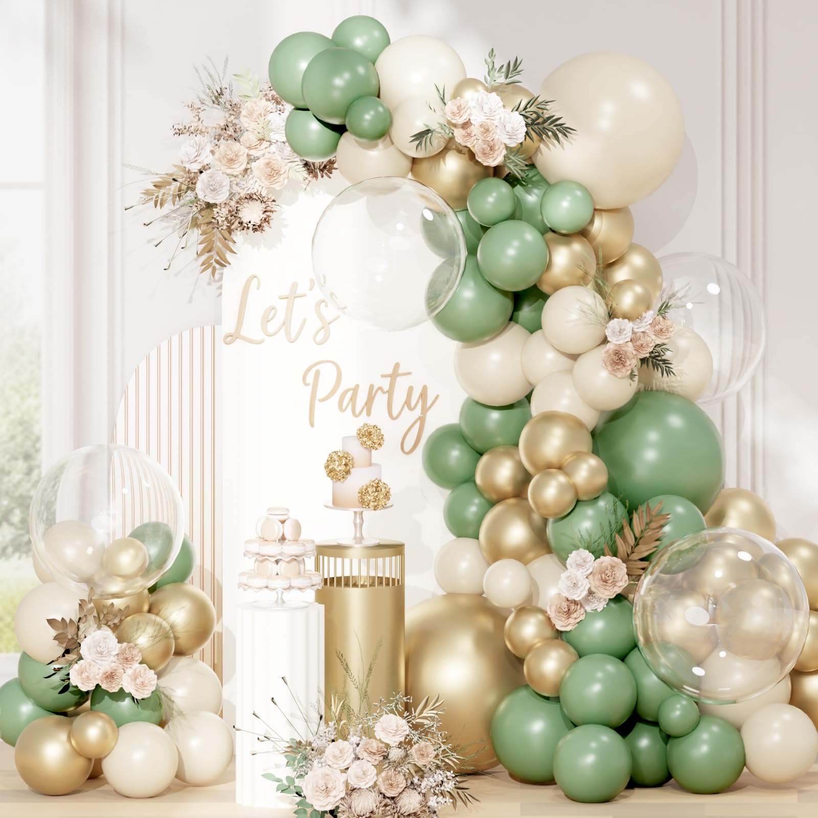 QIFU Sage Green Balloon Arch Kit, 113 Pcs Sage Green and Gold Balloons Arch Kit with Cream Balloons Bobo for Kids Jungle Theme Party Decorations Birthday Anniversary Party Christening Baby Shower — image 1