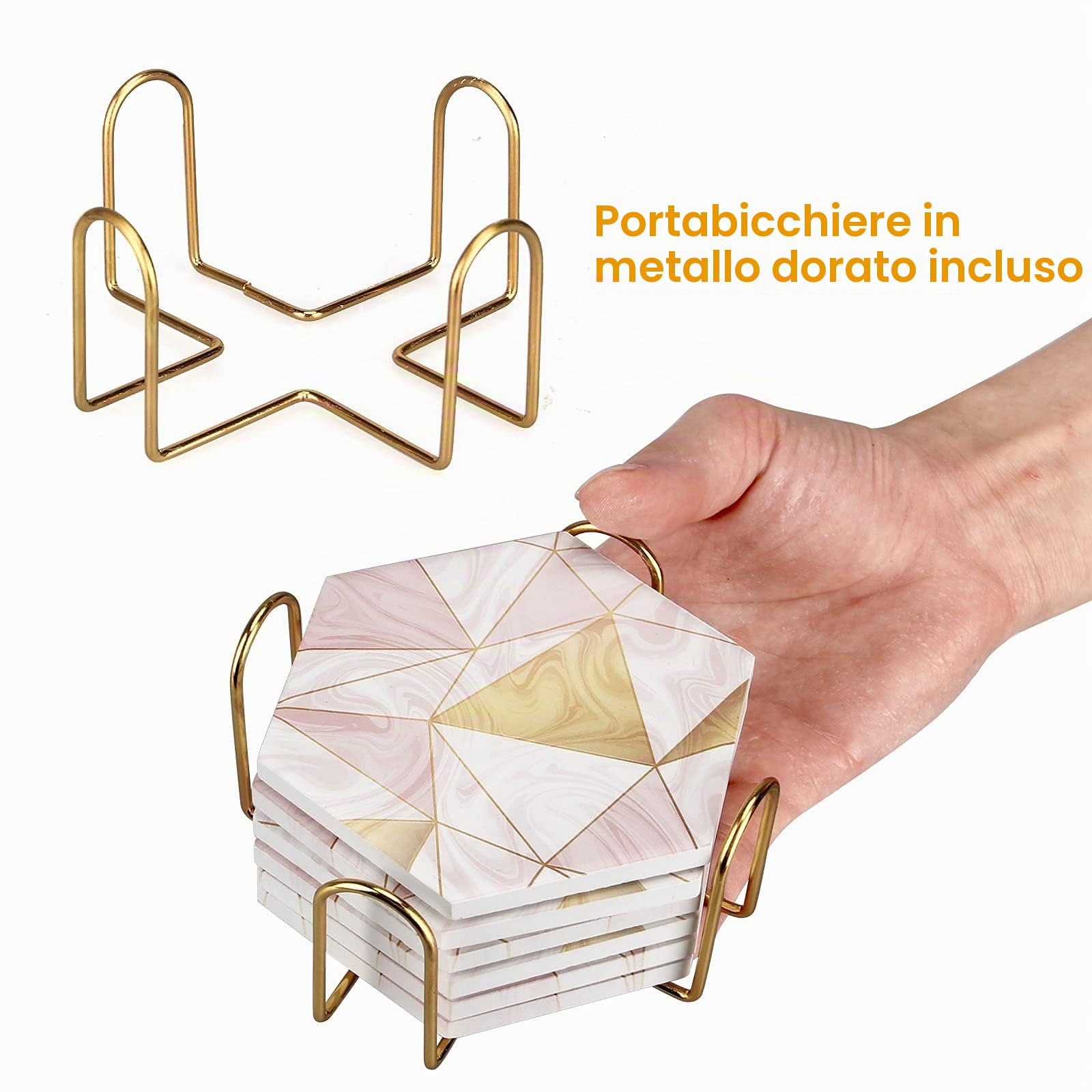 6 sottobicchieri in marmo rosa con supporto sottobicchieri assorbenti oro sottobicchieri esagonali in ceramica sottobicchiere da tavolo Ser decorativo bar sottobicchieri per vino