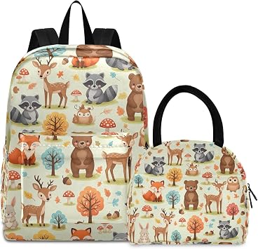 Kids Backpack Lunchbox Waterproof Cooler Bags Insulated, Book Bags with Lunch Box, Cute Woodland Animals Foxes