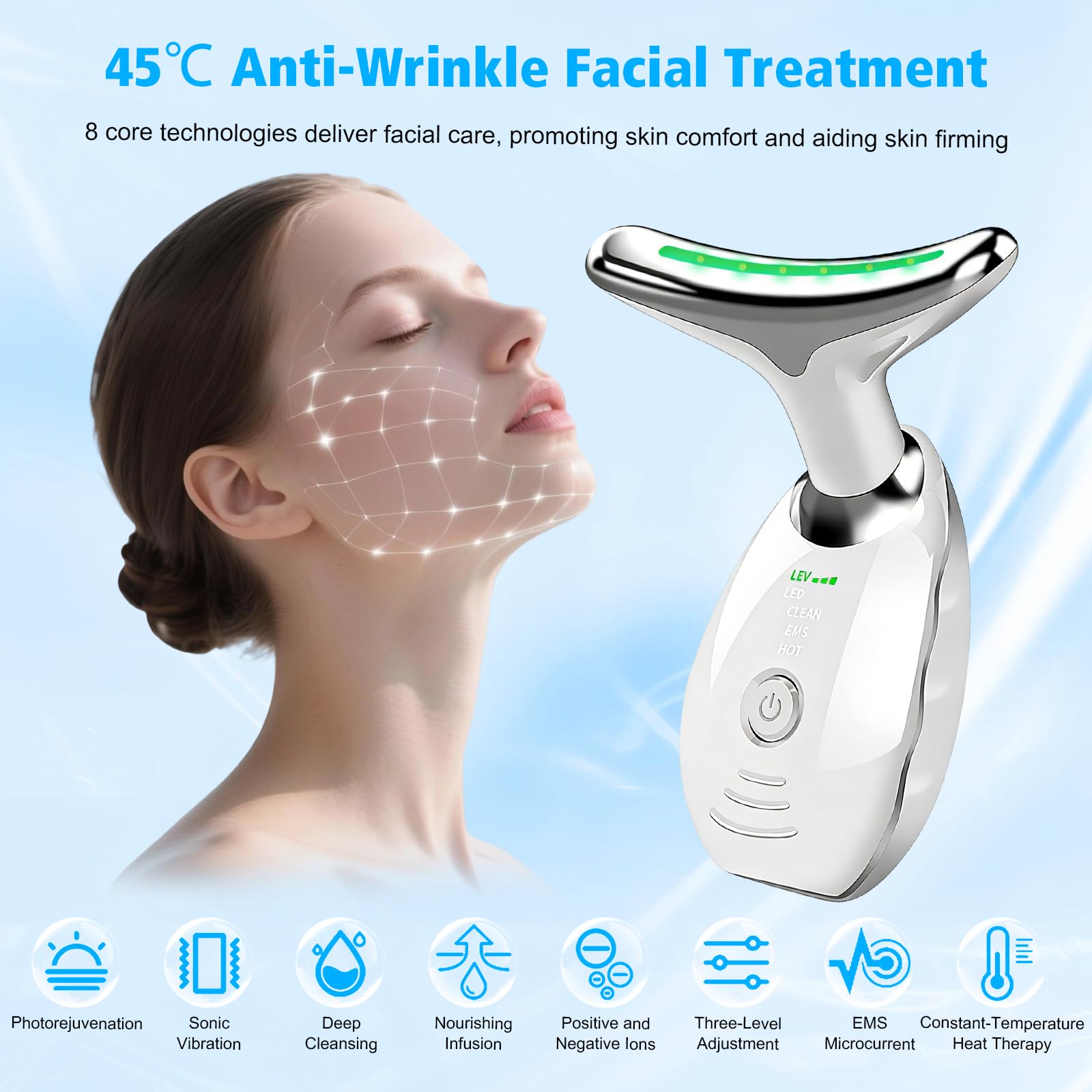 Masajeador Facial Eléctrico con Radiofrecuencia y 7 Luces LED, Calentable 45°C para Papada y Cuello, Guasha Antiarrugas Reafirmante