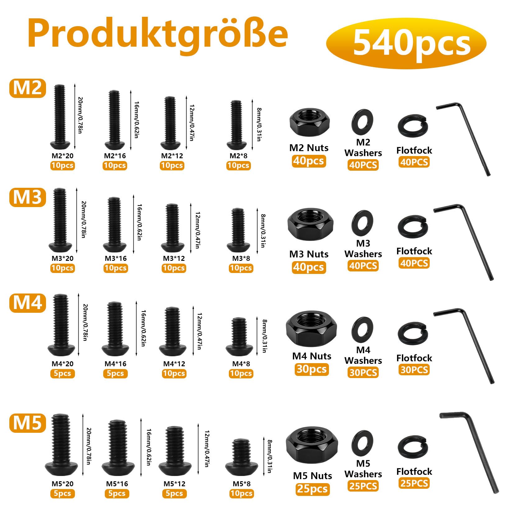 540 Pz Viti M2 M3 M4 M5, Set di Bulloni e Dadi, Kit di Bulloni Testa Bombata, Viti a Testa Tonda con Esagono Incassato con, Kit di Vite a Brugola Nero con Rondelle