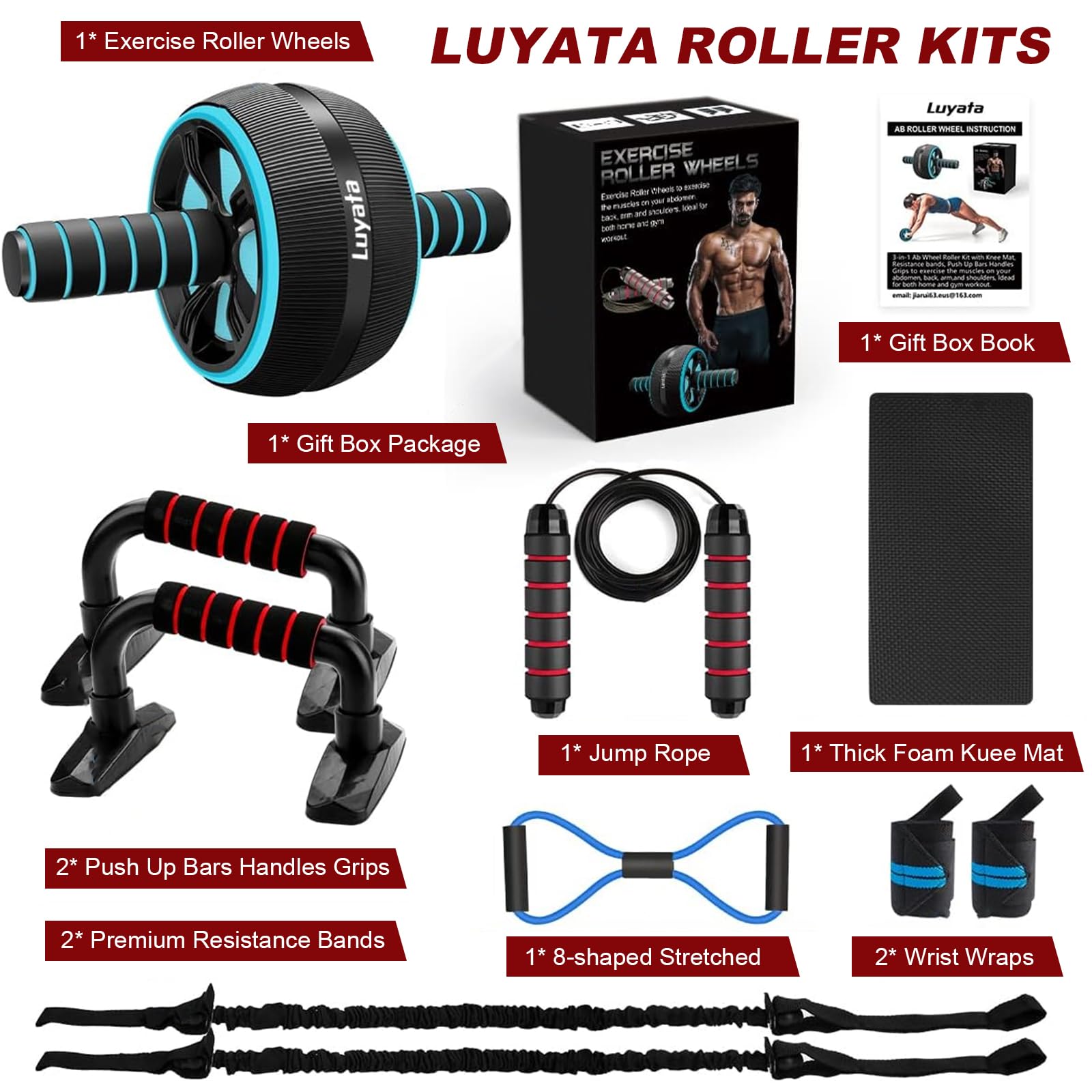 Rueda de abdominales, kit de ruedas de ejercicio 10 en 1 con bandas de resistencia, alfombrilla de rodilla, cuerda de saltar, barra de flexiones, equipo de gimnasio en casa para hombres y mujeres,