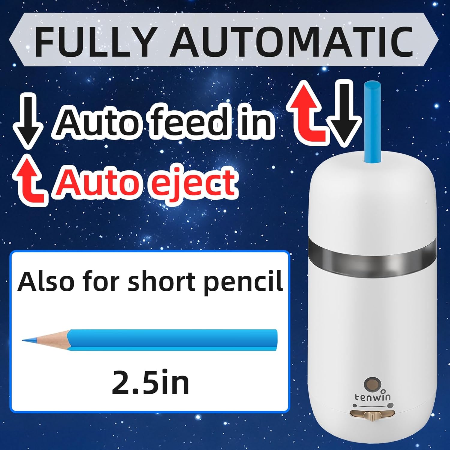 Fully Automatic Electric Pencil Sharpener for 7-12mm Pencils, Auto in&Eject, 3 Selectable Adjustable Pencil Nibs with Breathing Light (White)