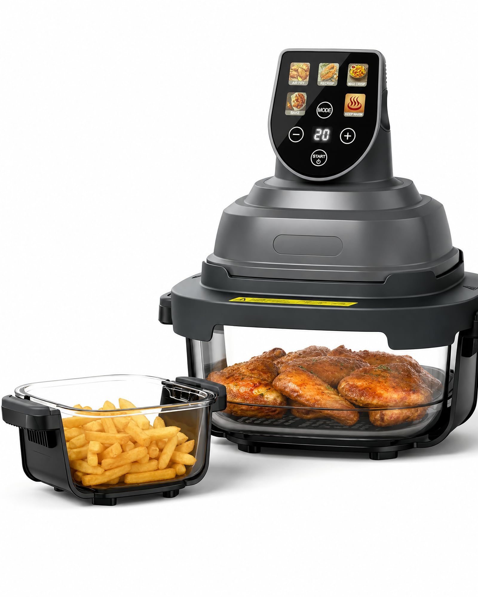 Cartman Tragbare Glas Heißluftfritteuse mit 2 Behältern (3,8 L + 1,4 L), 5-in-1 zum Frittieren, Braten, Warmhalten & Recrisp, Kompakt für Alltag und Familie, 1500W
