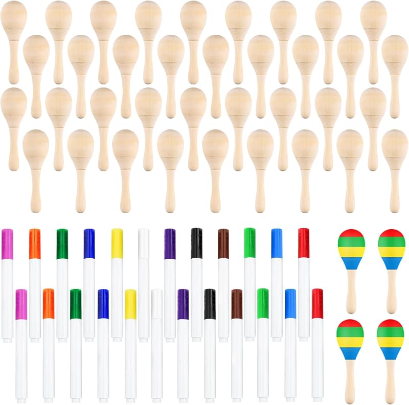40 maracas de madera para niños, mini maracas para fiestas mexicanas con 24 bolígrafos multicolores, suministros para fiestas del Cinco de Mayo