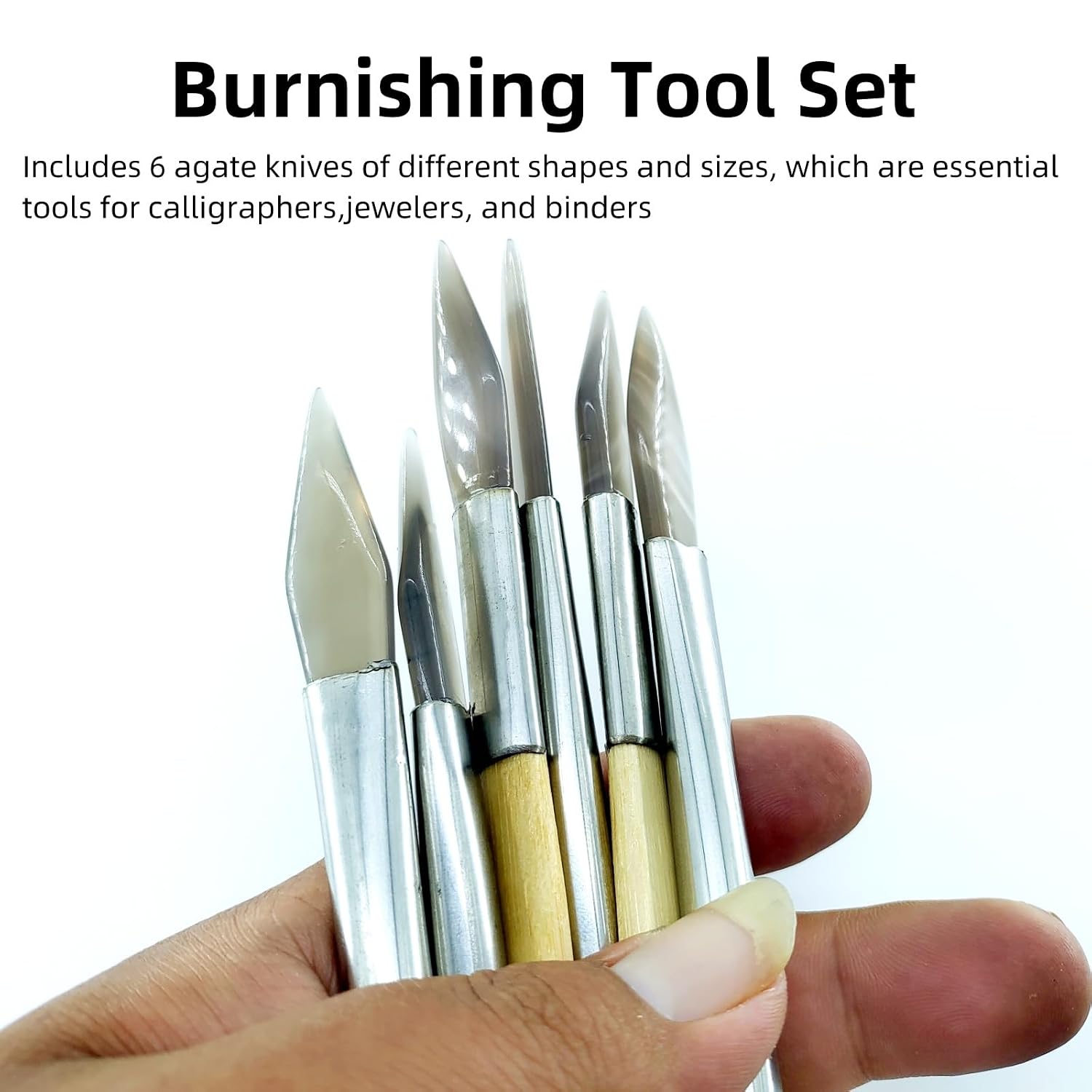 Agate Burnishers, 6PCS Agate Polishing Tools with Bamboo Iron Handle for Gold, Silver, Platinum Jewelry
