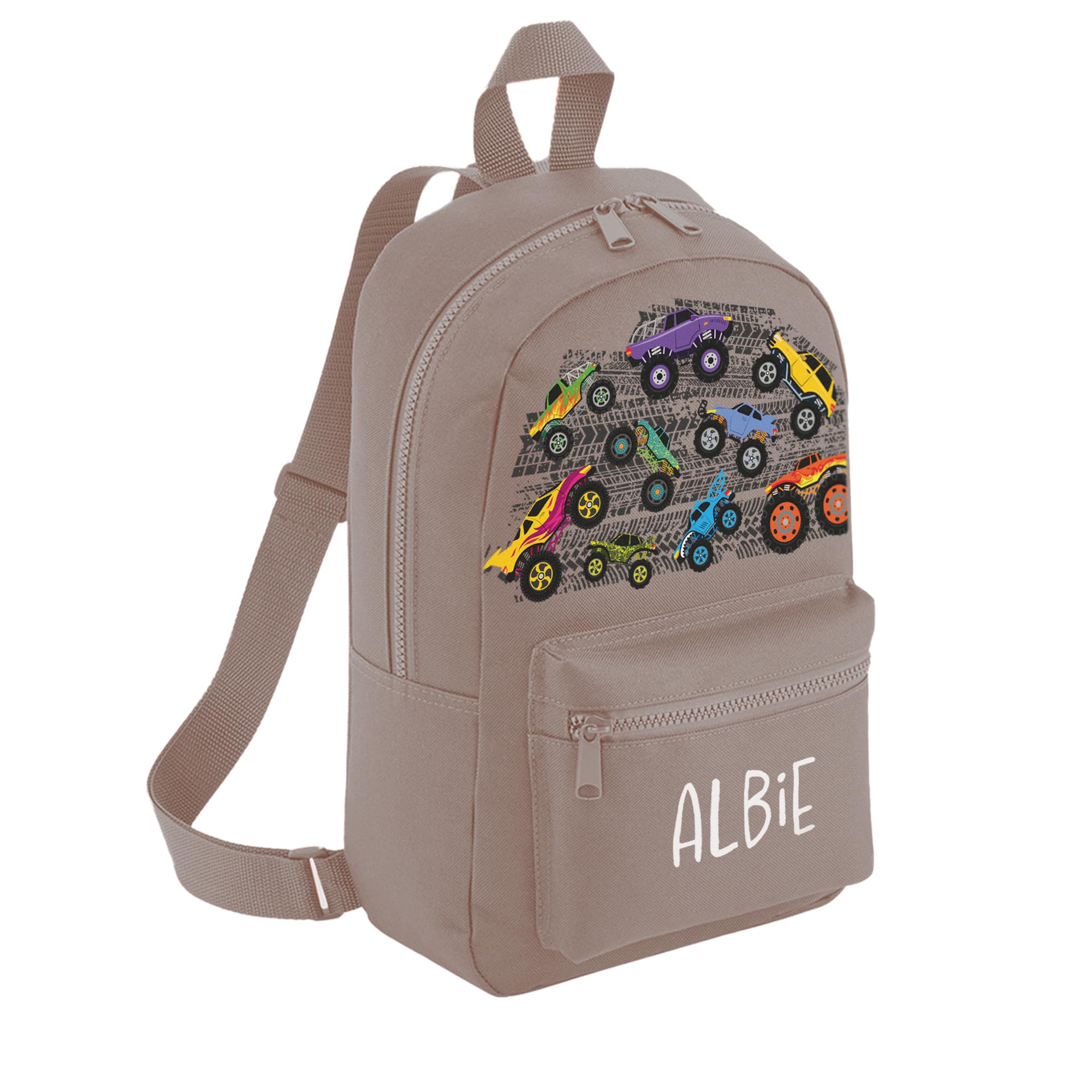 A1 Graphics Ltd Personalised Monster Trucks Kids Backpack Custom with Name Choice of Colours Motocross School Bag with Adjustable Straps For Children & Toddlers (Mushroom)