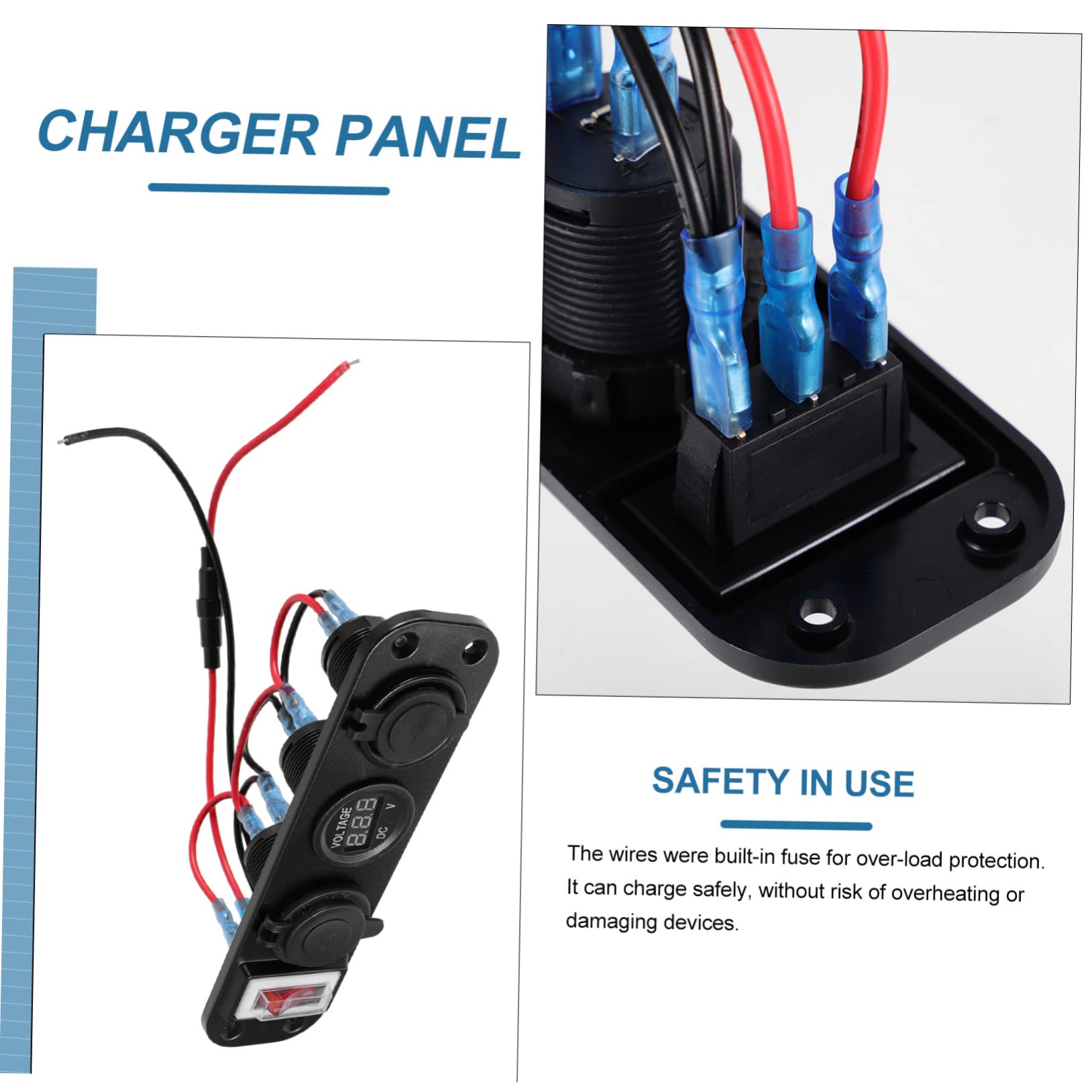 Panel Cargador de Coche Voltímetro Digital Azul, Tres Tomas de Mechero y Doble Puerto USB, Entrada 12-30v y Salida 5v para Carga Rápida en Vehículo