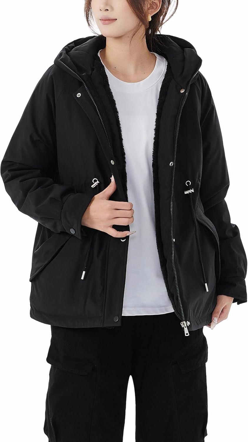 JiangWu Womens Fashion Fleece Sherpa Lined Hooded Coat Winter Thicken Warm Jacket