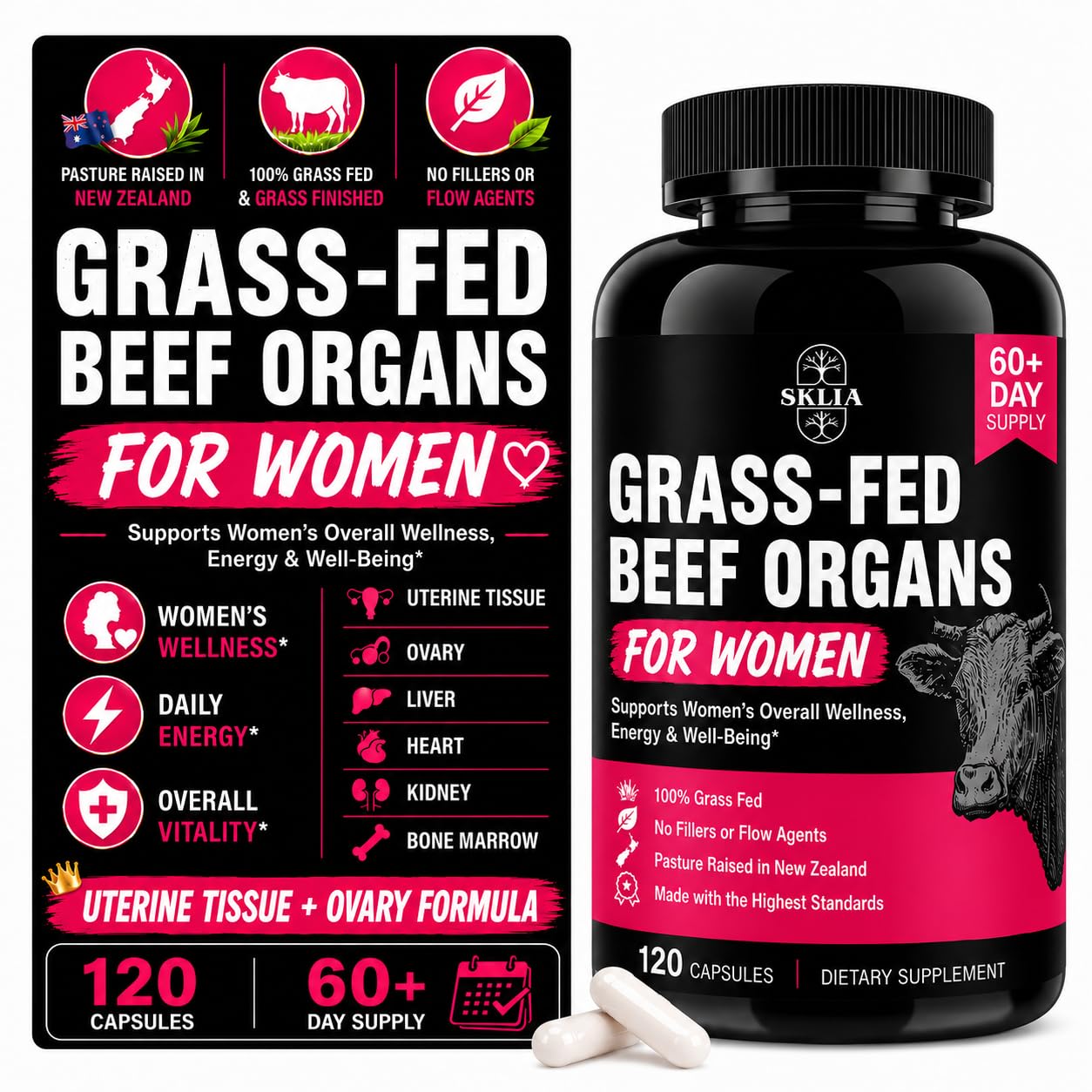 Beef Organ Supplement for Women, with Beef Liver, Kidney, Heart, Ovary 120 Count (Pack of 1)
