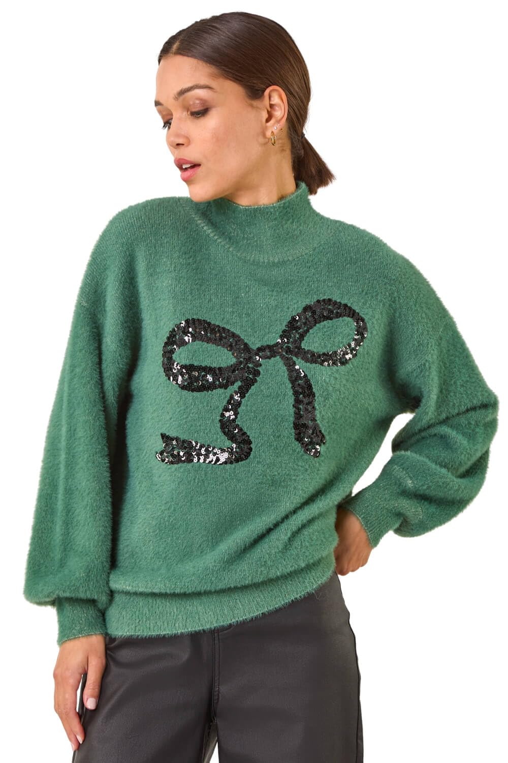 Roman Women's Festive Sequin Bow Knit Jumper in Green | Size: 16