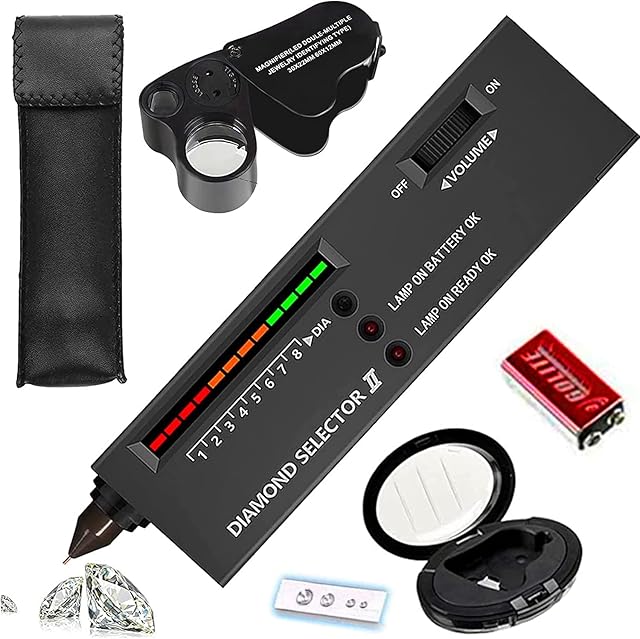 mollo High Accuracy Diamond Tester+30X60X Illuminated Jewelry Eye Loupe Mini Led Foldable Magnifying,Jewelry Detector Gem Distinguish Tool Thermal Conductivity Meter for Novice and Expert, (DT-1)