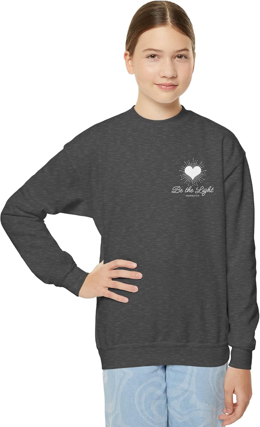 Girls Youth Crewneck Sweatshirt — Be the Light Heart Design (Matthew 5:14).