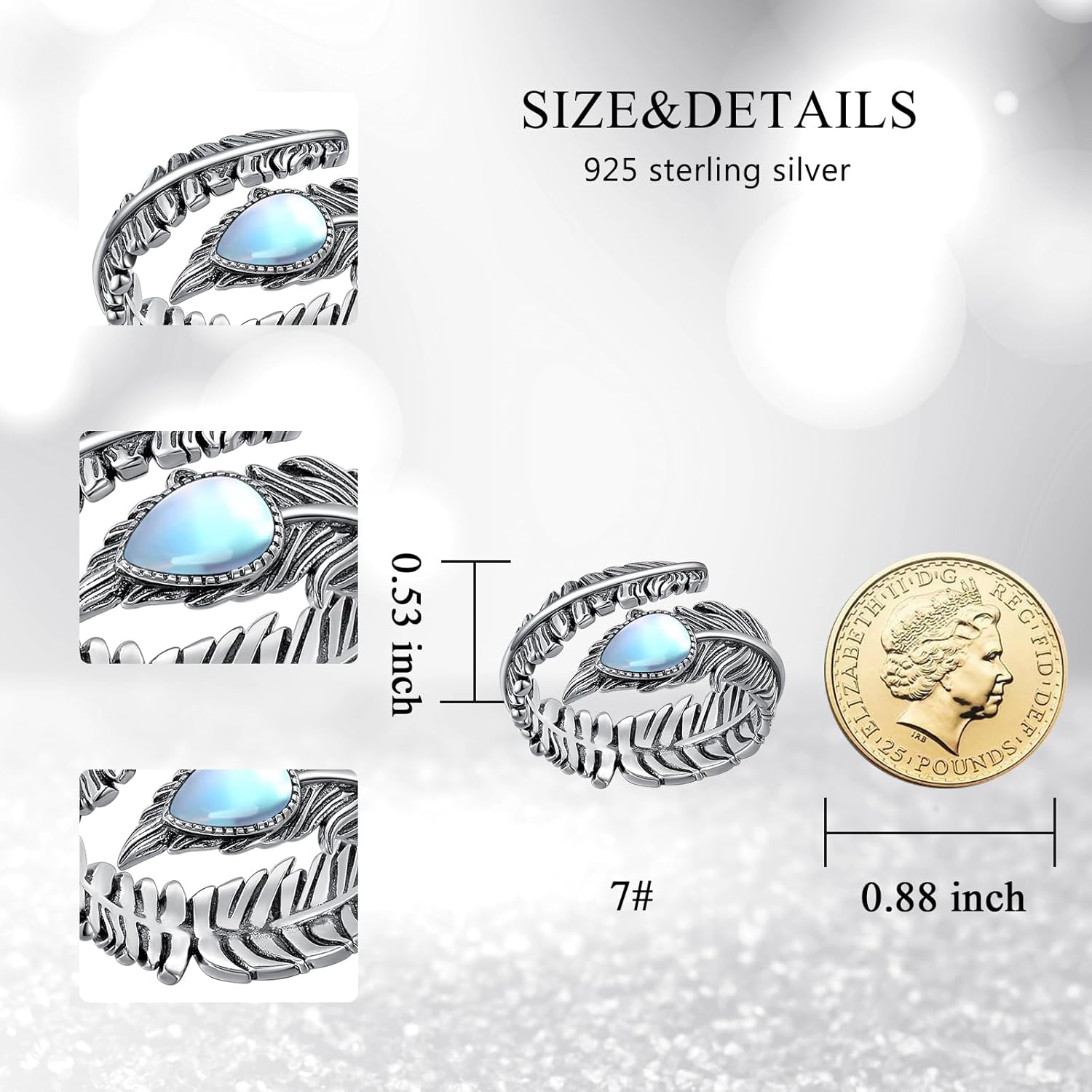 Genuine Turquoise/Moonstone Feather Ring for Women 925 Sterling Silver Oxidized Western Adjustable Ring Navajo Jewelry Gift for Birthday Mother's Day (Size 6-8.5) - Image 4