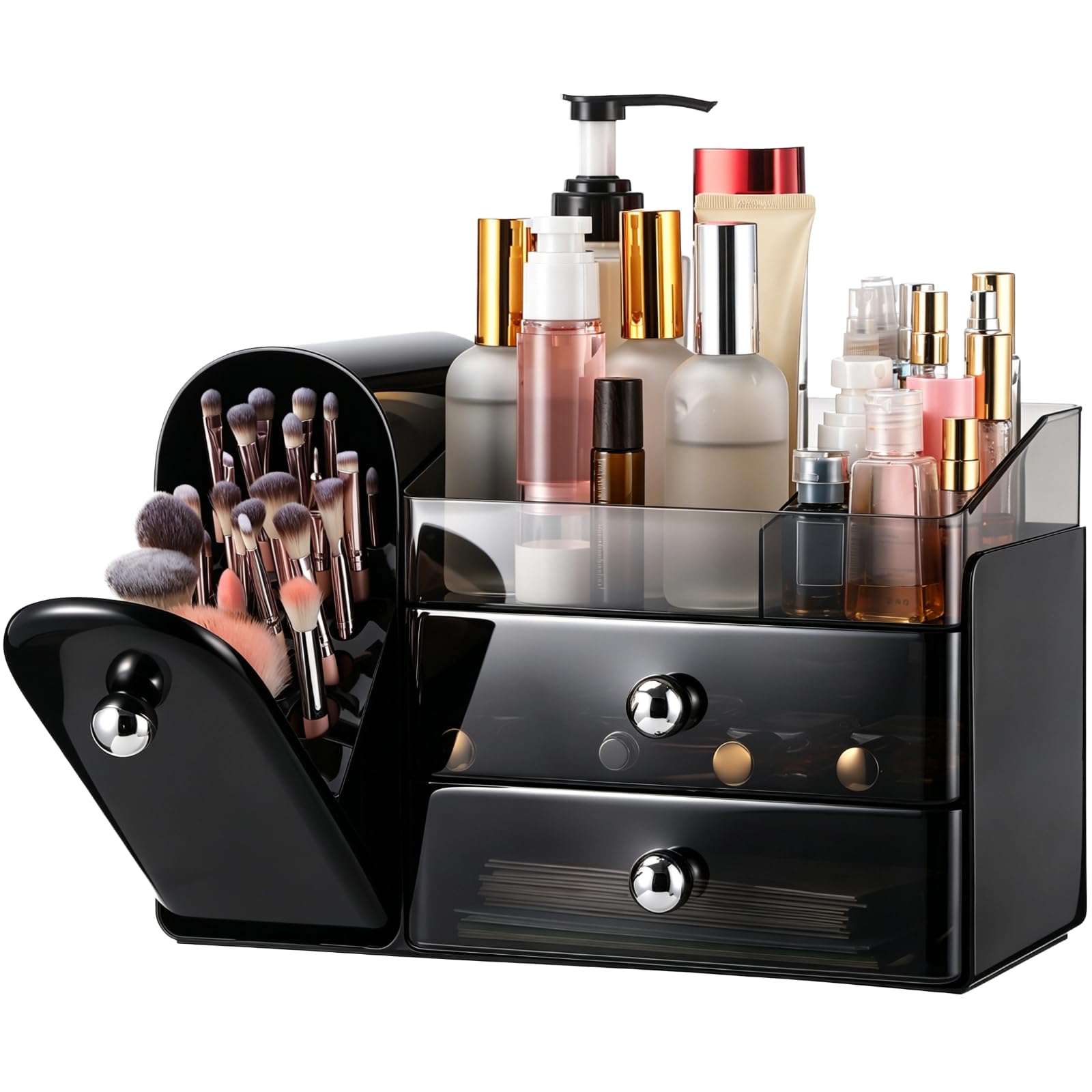 Organizador de maquillaje con soporte para brochas de 27 agujeros, 2 cajones y bandeja superior extraíble, organizador de tocador para lápiz labial, perfume, cuidado de la piel, estuche