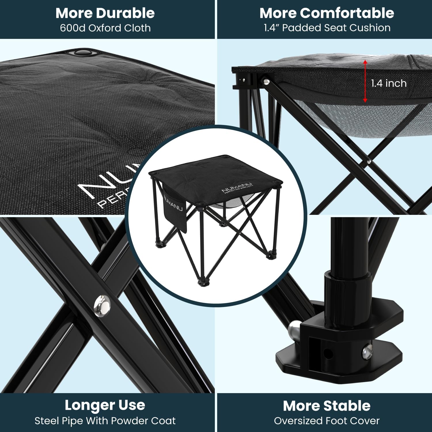 NUMANU Oversized Padded Camping Stool for Adults, Thick Padded 18.5" Heavy Duty Outdoor Camp Chairs with Anti-Slip Feet & Carry Bag, Folding Ottoman Foot Rest for Travel, Max 500lbs