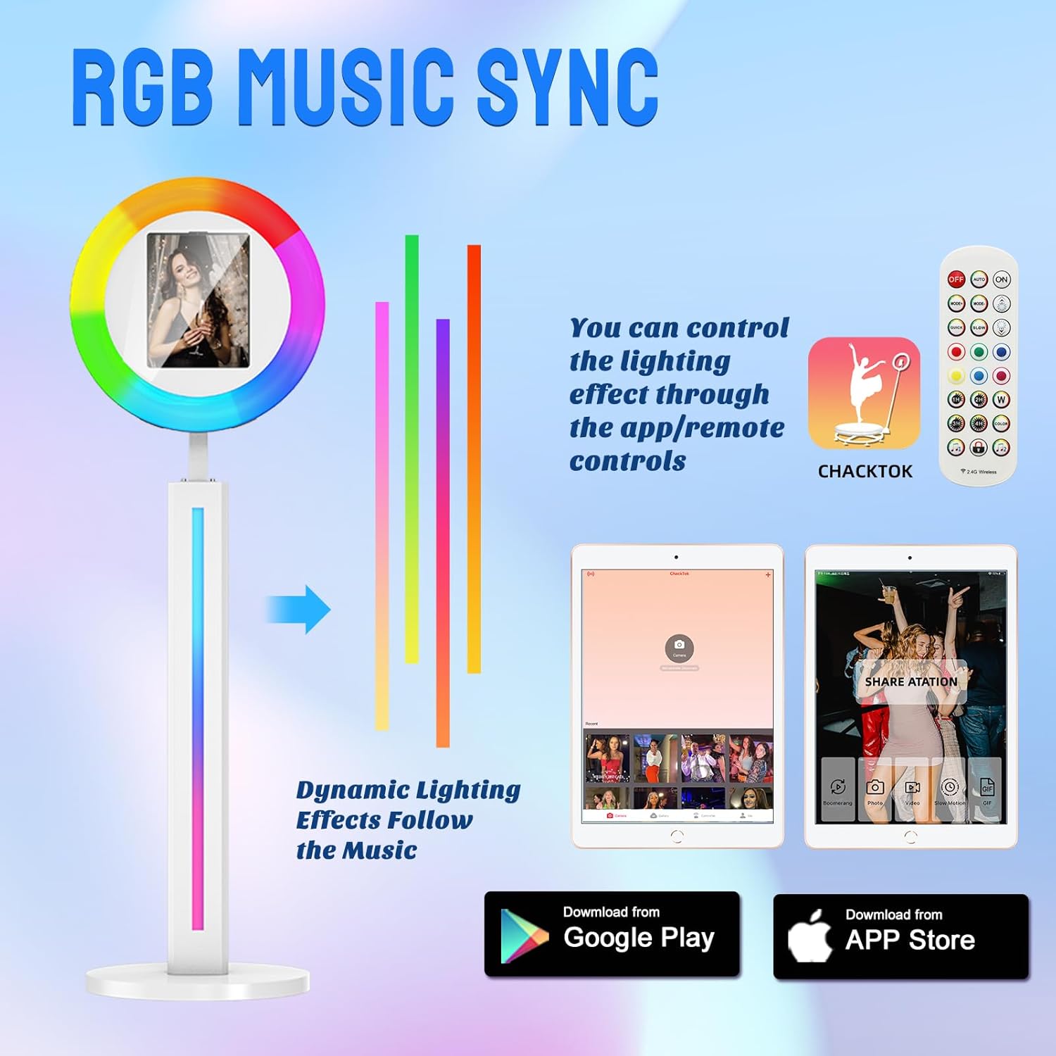 Portable Photo Booth Compatible with Any Ipad, 2 Months ChackTok PhotoBooth VIP Member,RGB Music Sync, Software APP,Remote Control, Ring Light,Selfie Photo Booth with Flight Case White