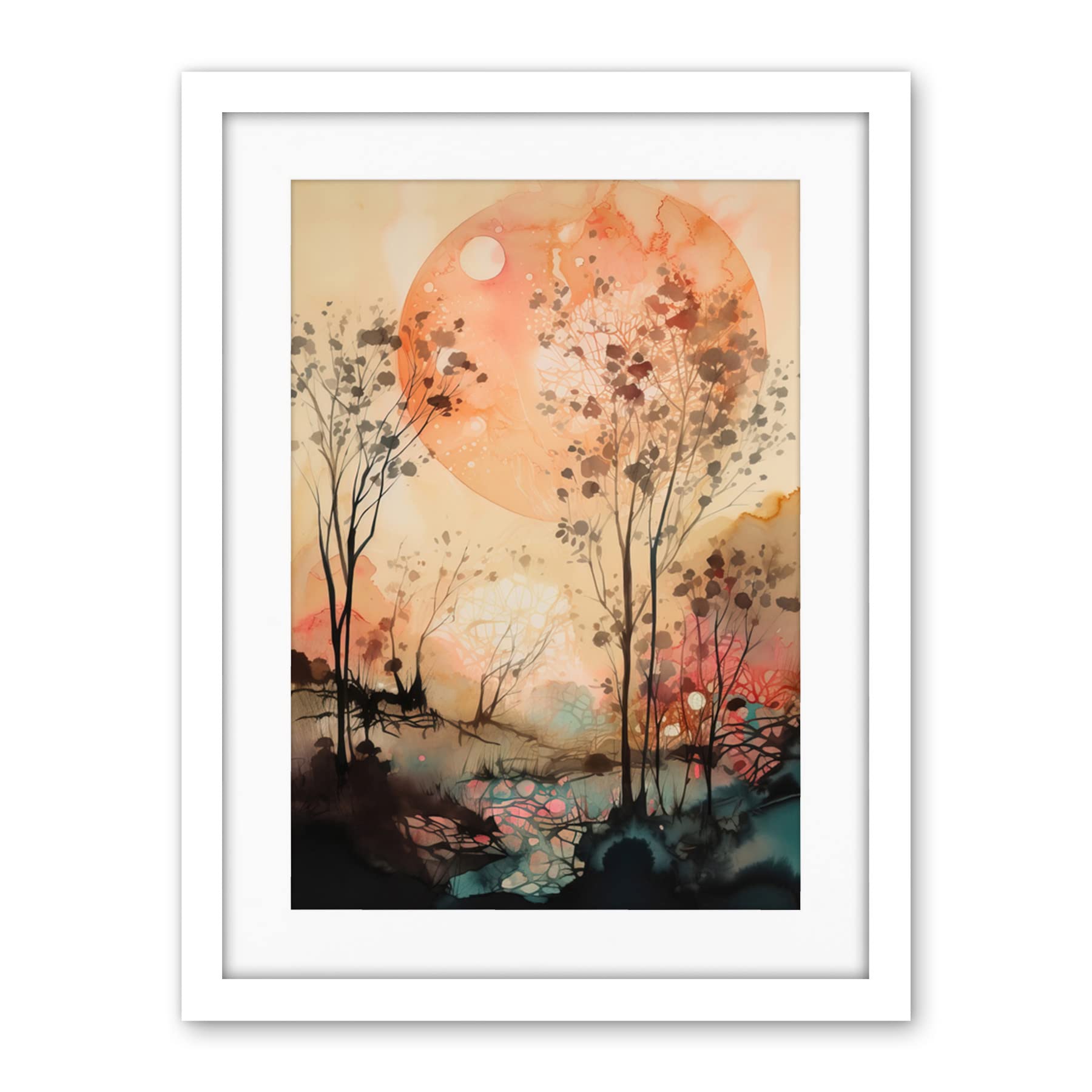 Artery8 Misty Riverside Trees Sunset Landscape Modern Boho Watercolour Painting Artwork Framed Wall Art Print 18X24 Inch