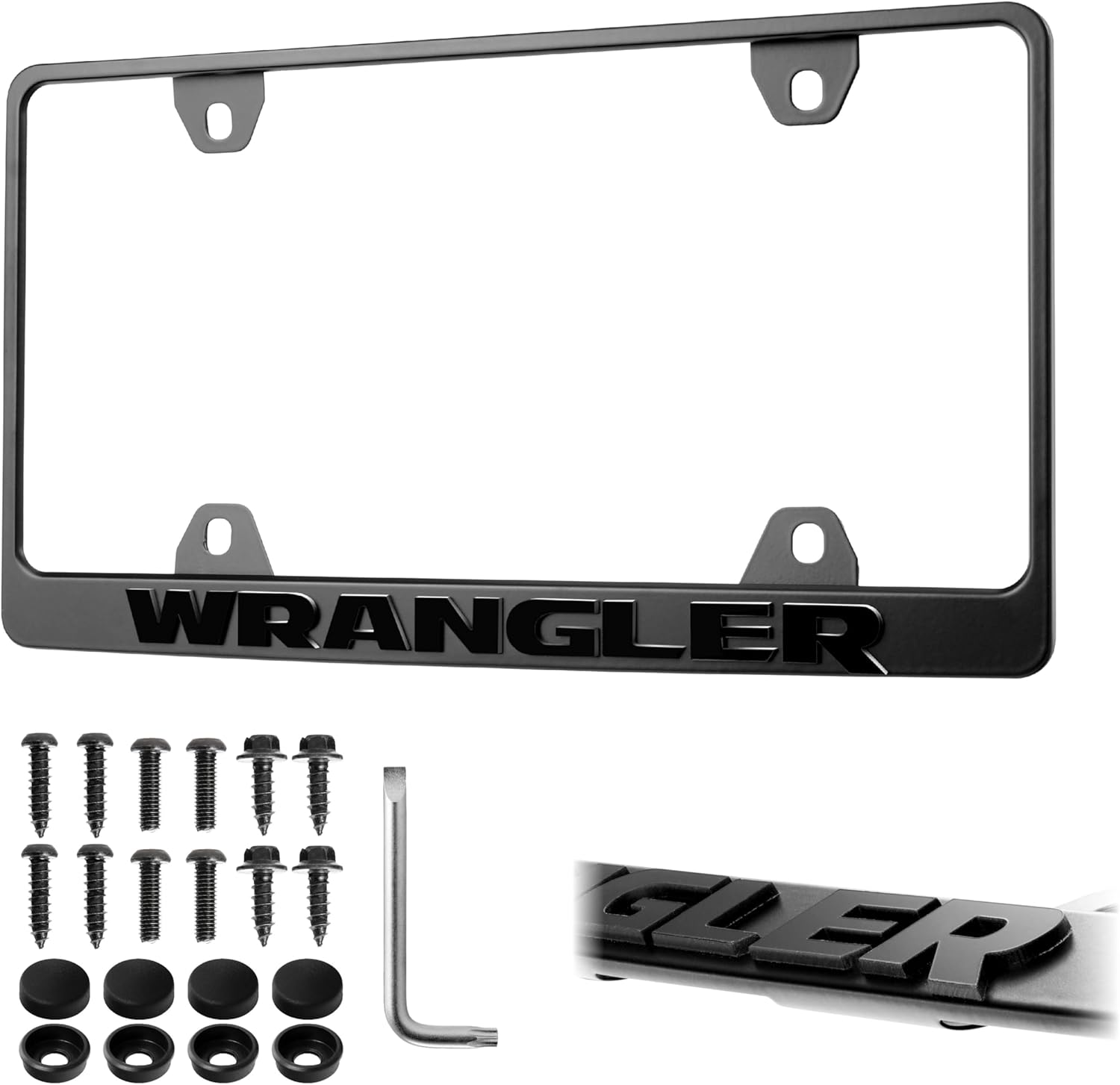 Wrangler License Plate Frame – Stealth Black Powder Coat UV Resistant Rust-Proof Steel Plate Holder - One Piece - Compatible with 1987-2025 Wrangler SUV (3D RAISED LETTERS with MOUNTING HARDWARE)