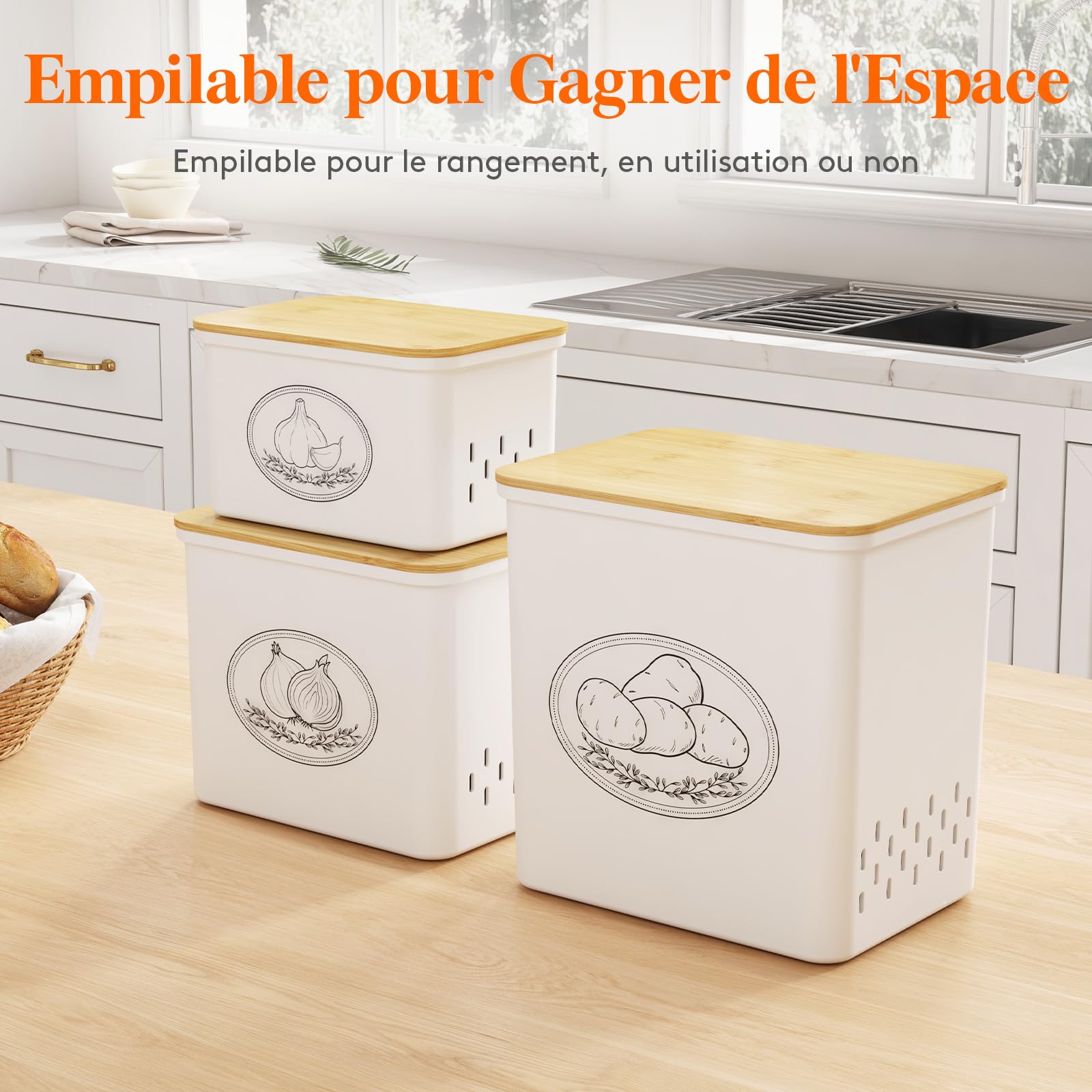 Lifewit Rangement Pomme de Terre, Grande Boite Oignons avec Couvercle et Des Trous de Ventilation, Boîtes de Legumes Rangement Cuisine en Plastique Empilables, 24 cm(H), Blanc, 3 Pièces