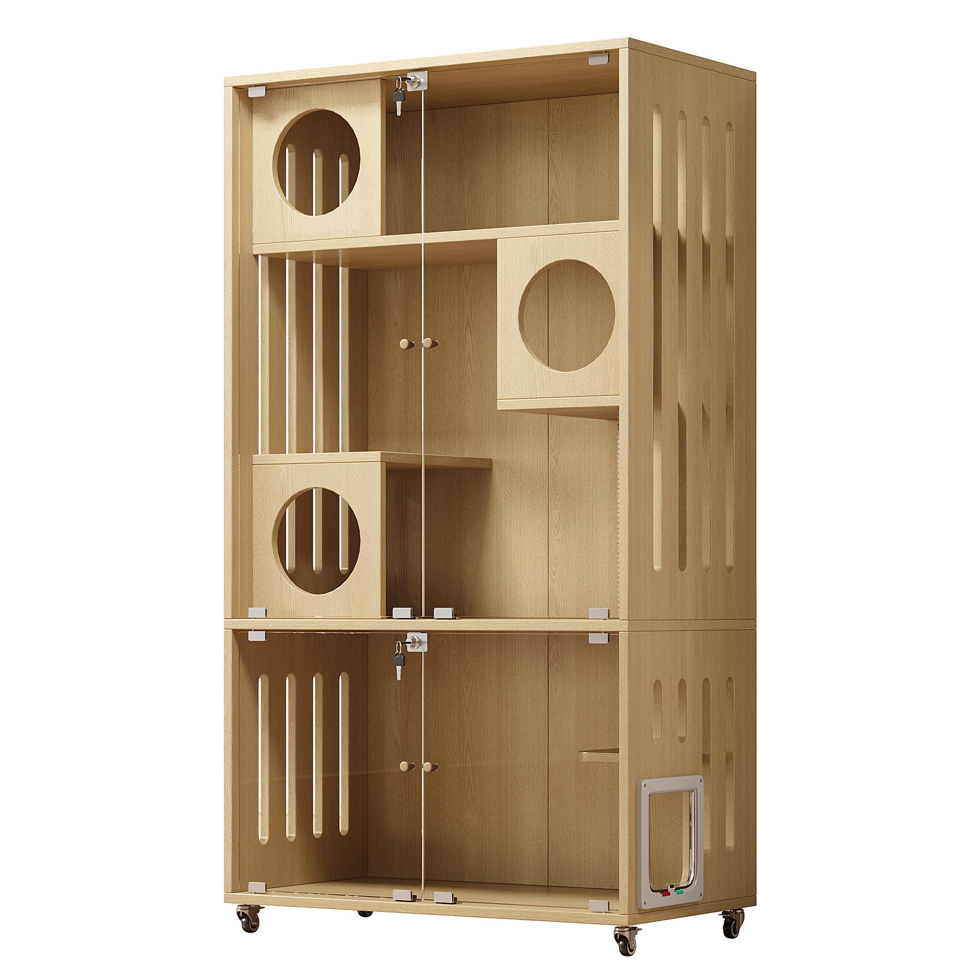 SACOOL Jaula móvil para gatos, interior de casa, armario para mascotas, con cierre de llave, puerta de entrada/salida, color madera natural, 90 x 50 x 166 cm