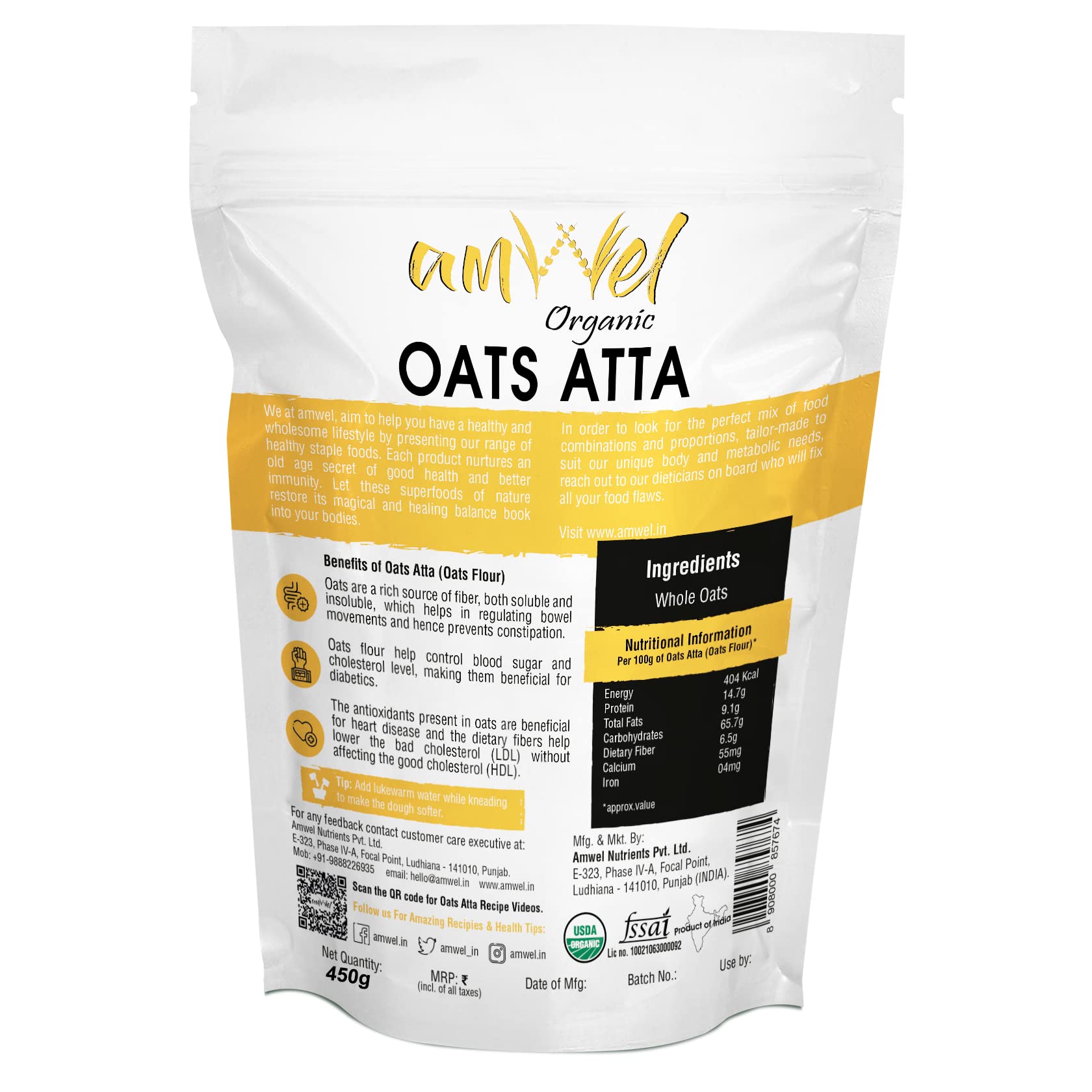 Amwel Combo of Oats Atta 450g + Black Chana Flour 450g | Oats Flour + Chana Atta | Diabetic Friendly Low GI Fiber Protein Atta for Chapati Protein Rich | Weight Management | For Good Health | 900g | Vacuum Packed - Image 5 thumbnail