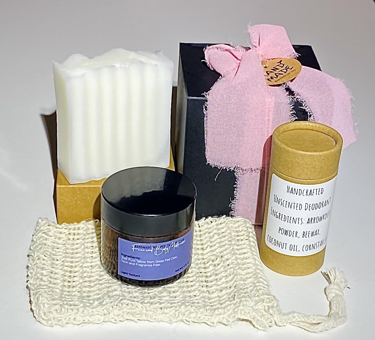 Handcrafted Natural Beauty Gift Set with Tallow Soap, Unscented Deodorant, Whipped Tallow Balm, Soap Sleeve