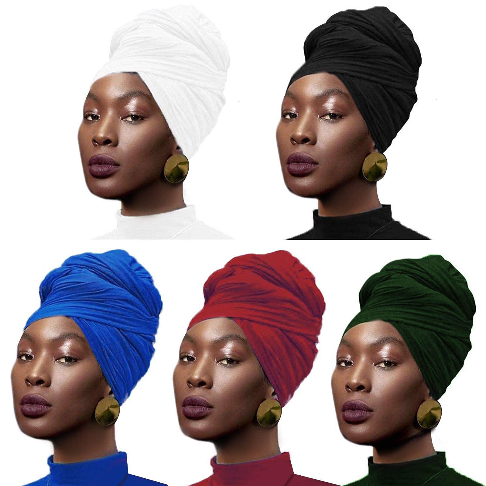 MOFASVIGI 5 Pieces Stretch Jersey Turban Head Wrap Knit Headwraps Urban Hair Scarf Solid Color Ultra Soft Extra Long Breathable Head Band Tie for Women