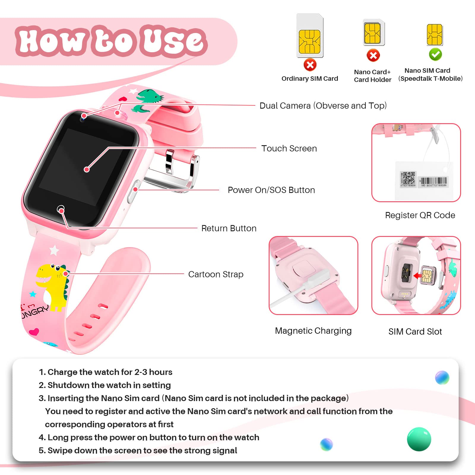 Inteligentny Zegarek dla Dzieci, LiveGo 4G Secure Dual Camera Smart Watch, GPS Tracker SOS Call dla Dzieci Studenci w Wieku 4-12 lat Prezenty Urodzinowe Dzień Szkolny(T13 różowy)
