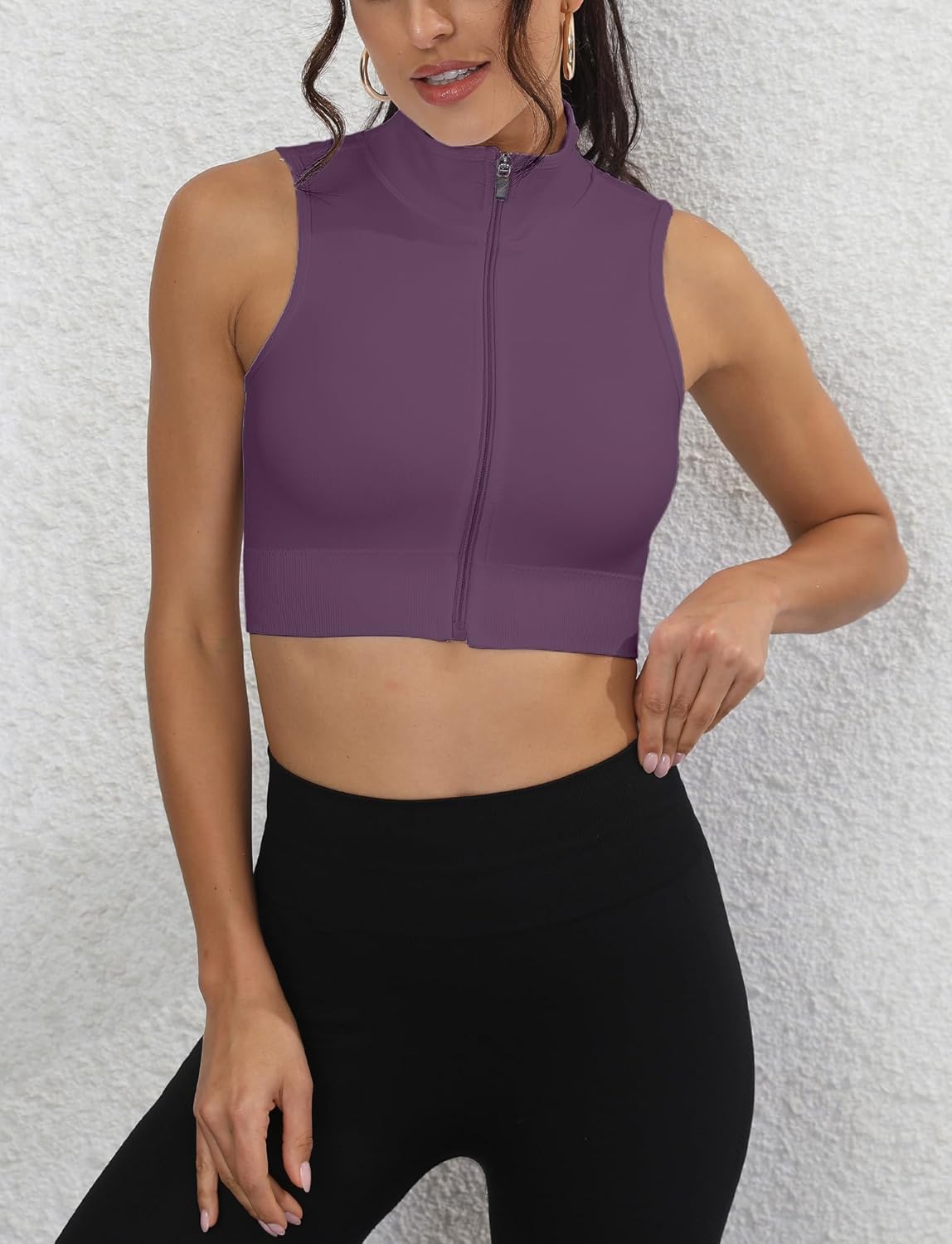 FEOYA Crop Tank Top for Women Full Zip Up Sleeveless Mock Neck Workout Yoga Gym Short Cropped Jacket 2025 - Image 3