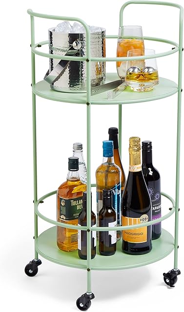 VonShef Green Drinks Trolley - 2-Tiered Indoor/Outdoor Serving Cart with Round Design & Handles - Matte Green Bar Trolley with 4 wheels - Bar Cart Ideal for Hosting Parties & Gatherings