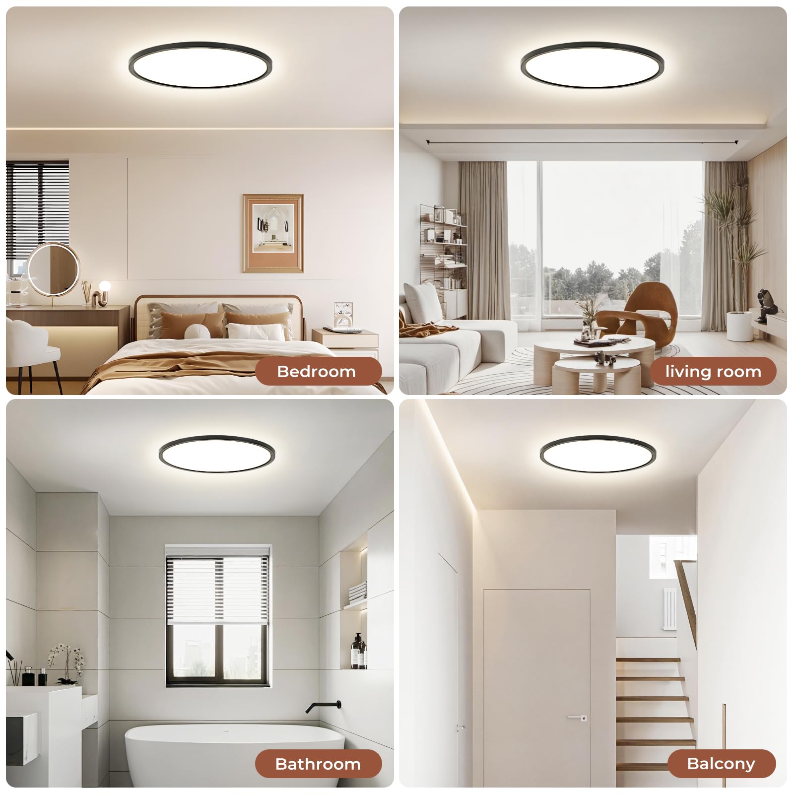 EASY EAGLE lampa sufitowa LED, płaska 40 cm, okrągła lampa sufitowa 4000k 48 W, czarna, nowoczesna lampa do łazienki, panel LED, lampa kuchenna do korytarza, sypialni, balkonu, salonu, kuchni, piwnicy