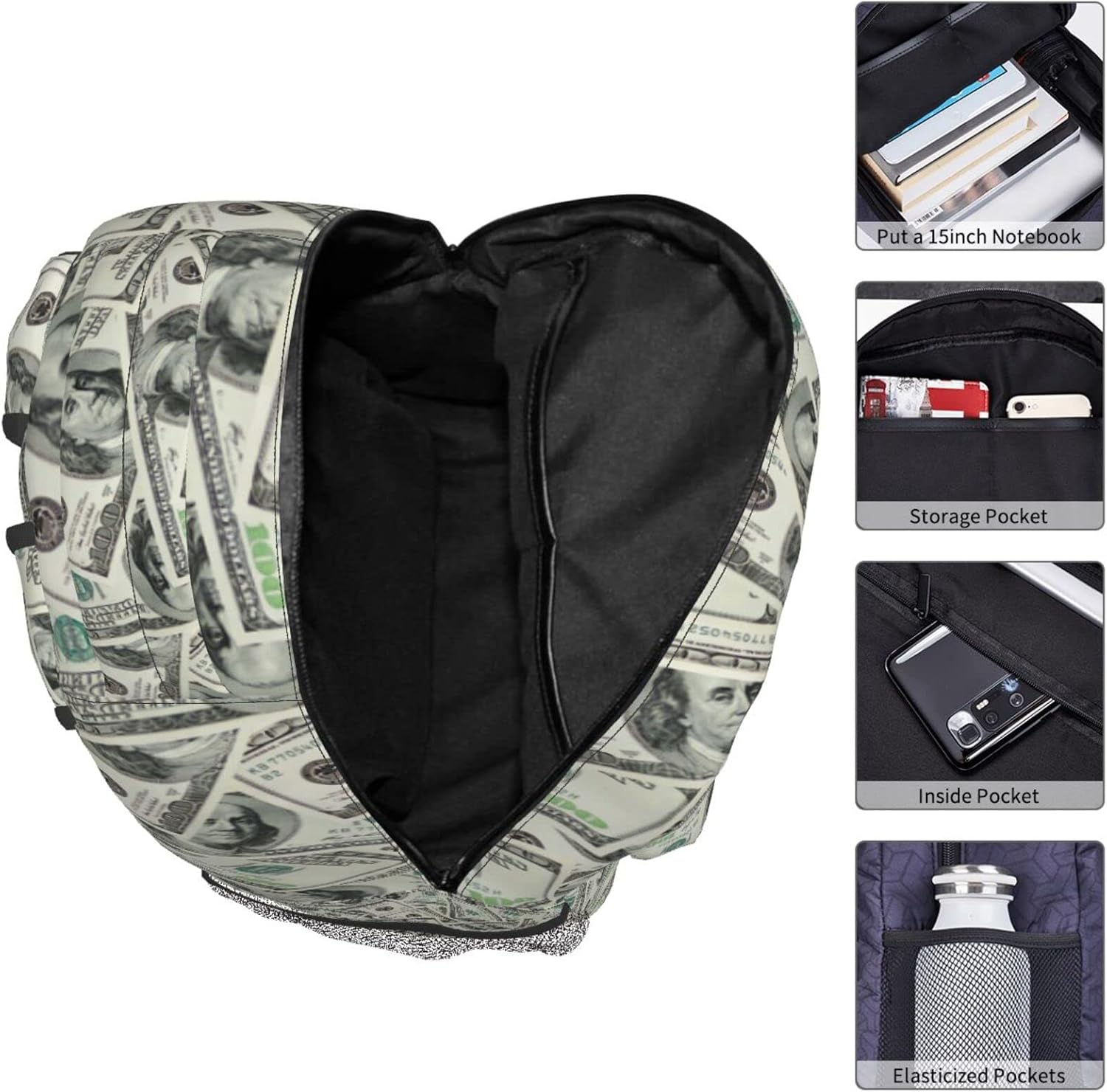 US Dollar Money Backpack Bookbag 16 inch Laptop Bag Shoulder Bag Casual Daypack for Teenager