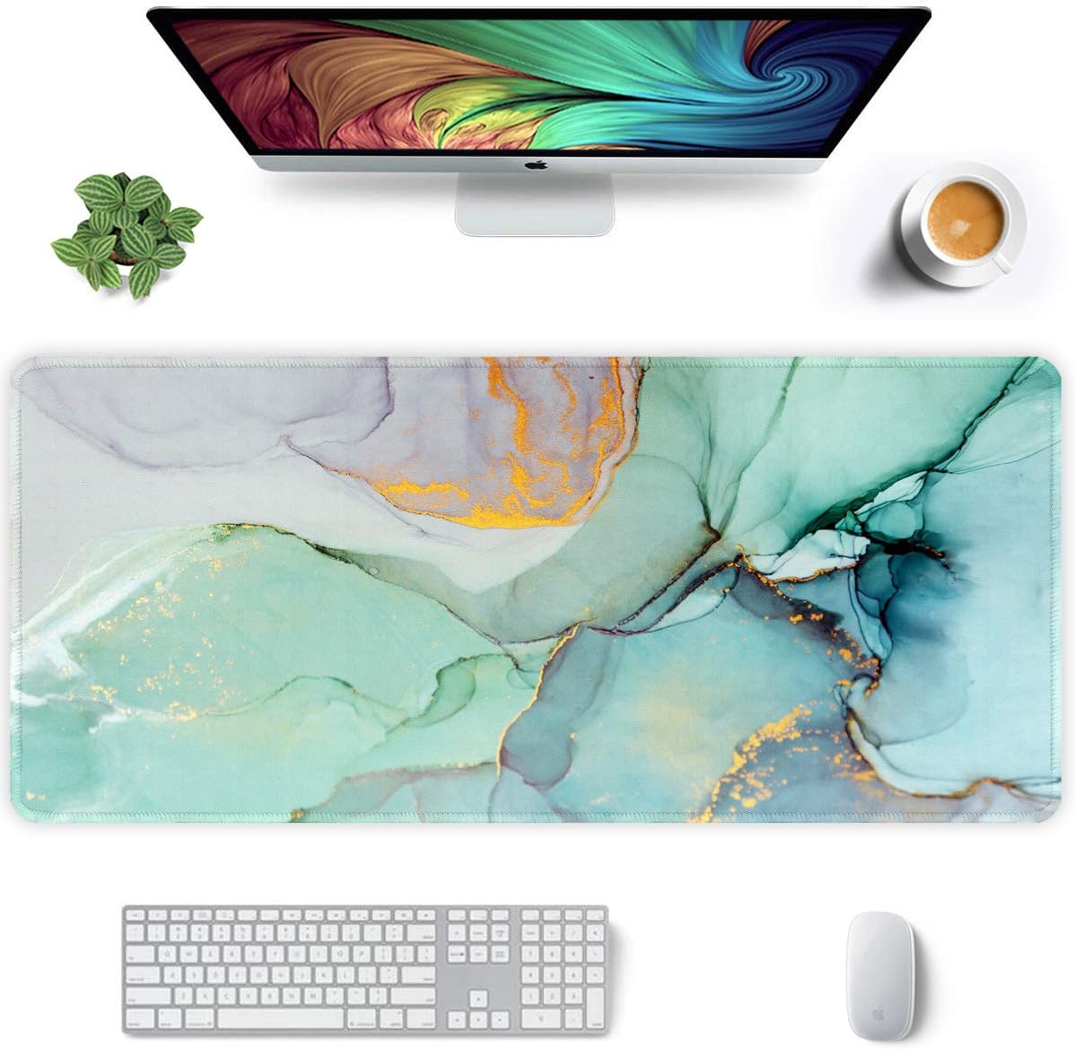AuhoahsilExtended Mouse Pad, XXL Gaming Mouse Pads, Large Big Mousepad Laptop Computer Keyboard Mat Desk Pad with Non-Slip Base Stitched Edge for Gaming Office, 35.5 x 15.7 inch, Green Marble