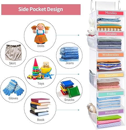 Miniatura 6 de Fixwal Organizador de armario colgante semanal de 6 estantes para niños con 6 bolsillos laterales plegable para el día de la semana organizador de