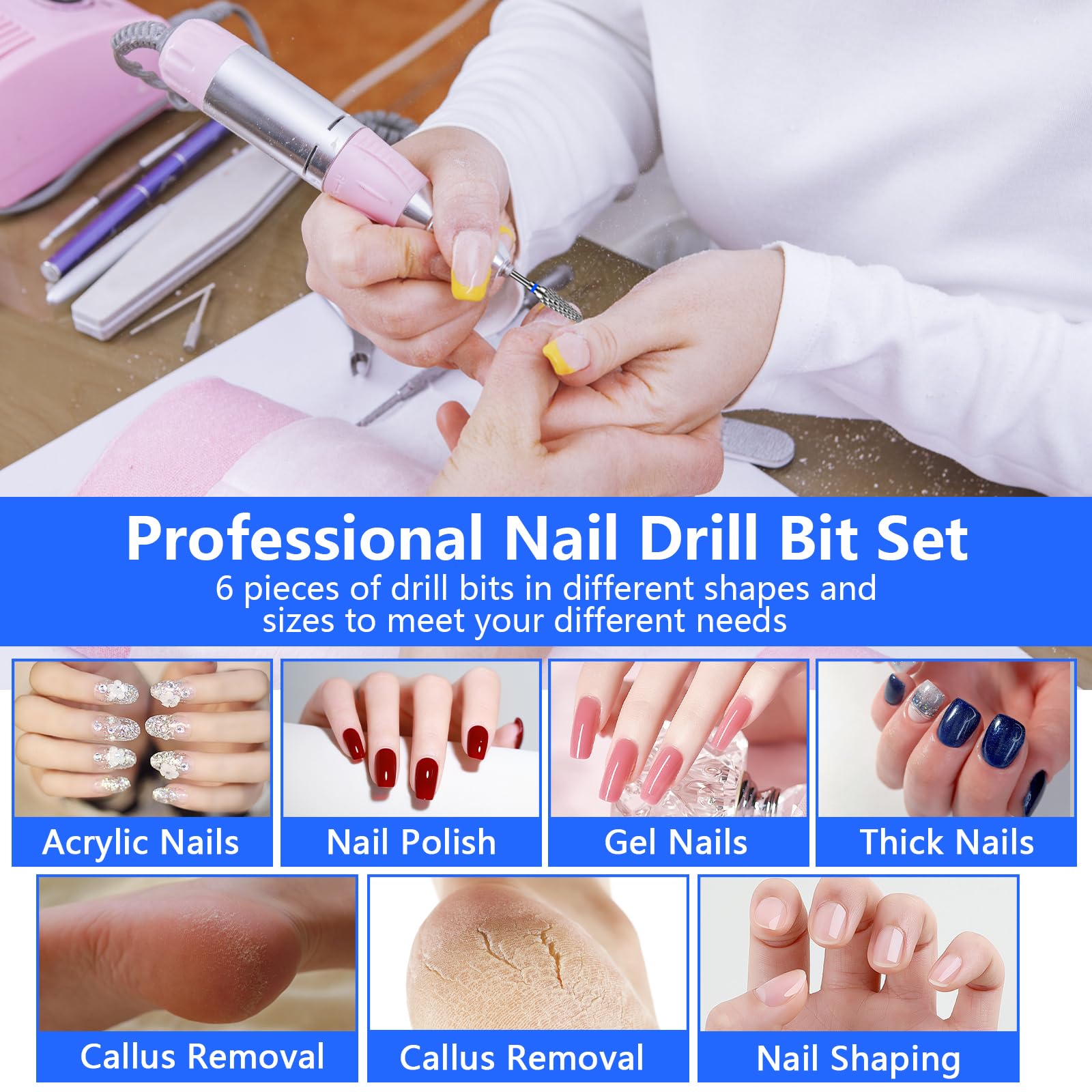 TOSAVGA 6 Pezzi Punte Fresa Unghie, Punte Fresa Unghie Professionale, 3/32 Pollici Punte per Fresa Unghie di Tungsteno, Punte Fresa per Unghie Manicure - per Rimuovere Gel Acrilico Cuticola