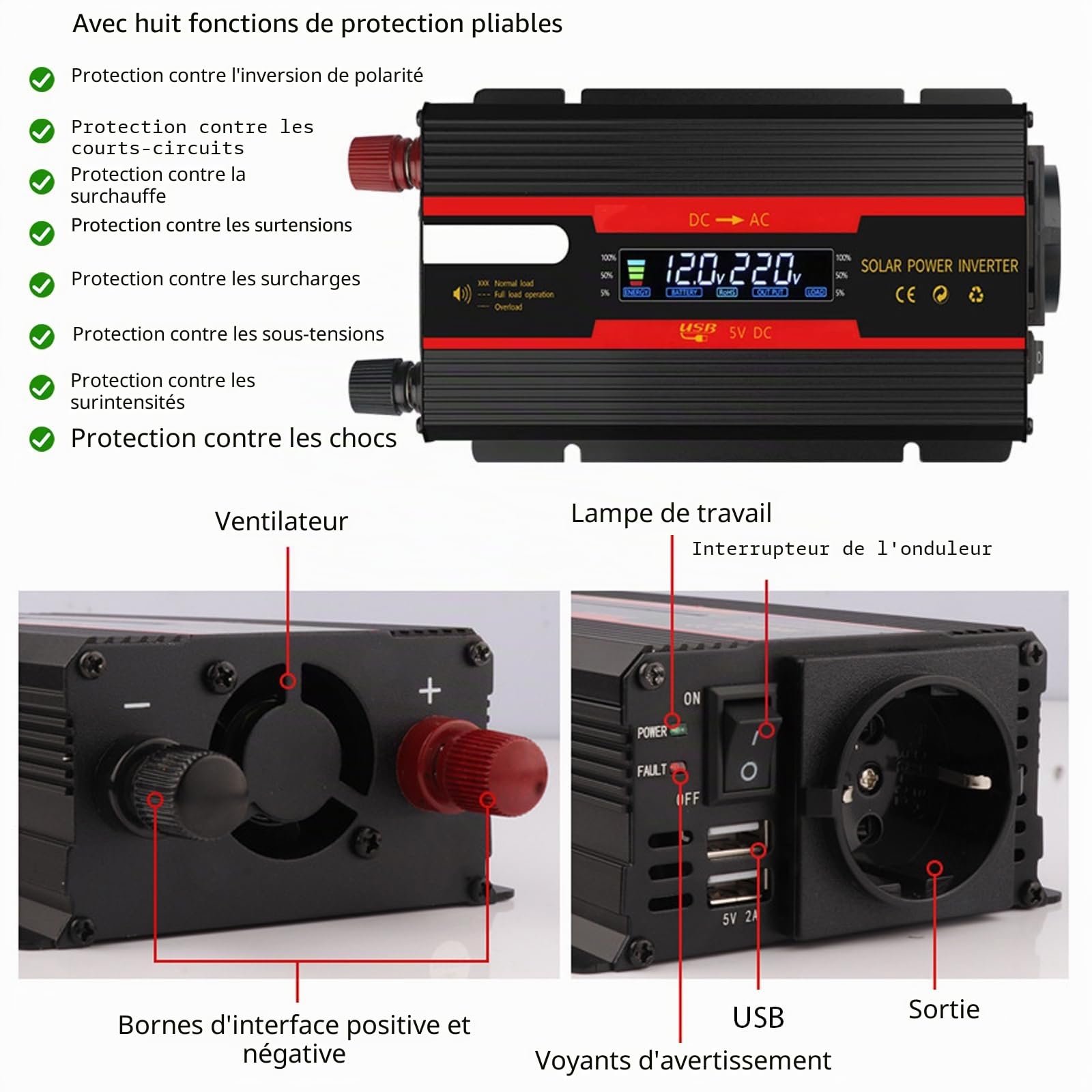 Onduleur de tension DC 12 V/24 V vers AC 230 V Onde sinusoïdale modifiée solaire 700 W/2000 W avec prises UE, 2 adaptateurs USB pour voiture, camion, caravane, camping