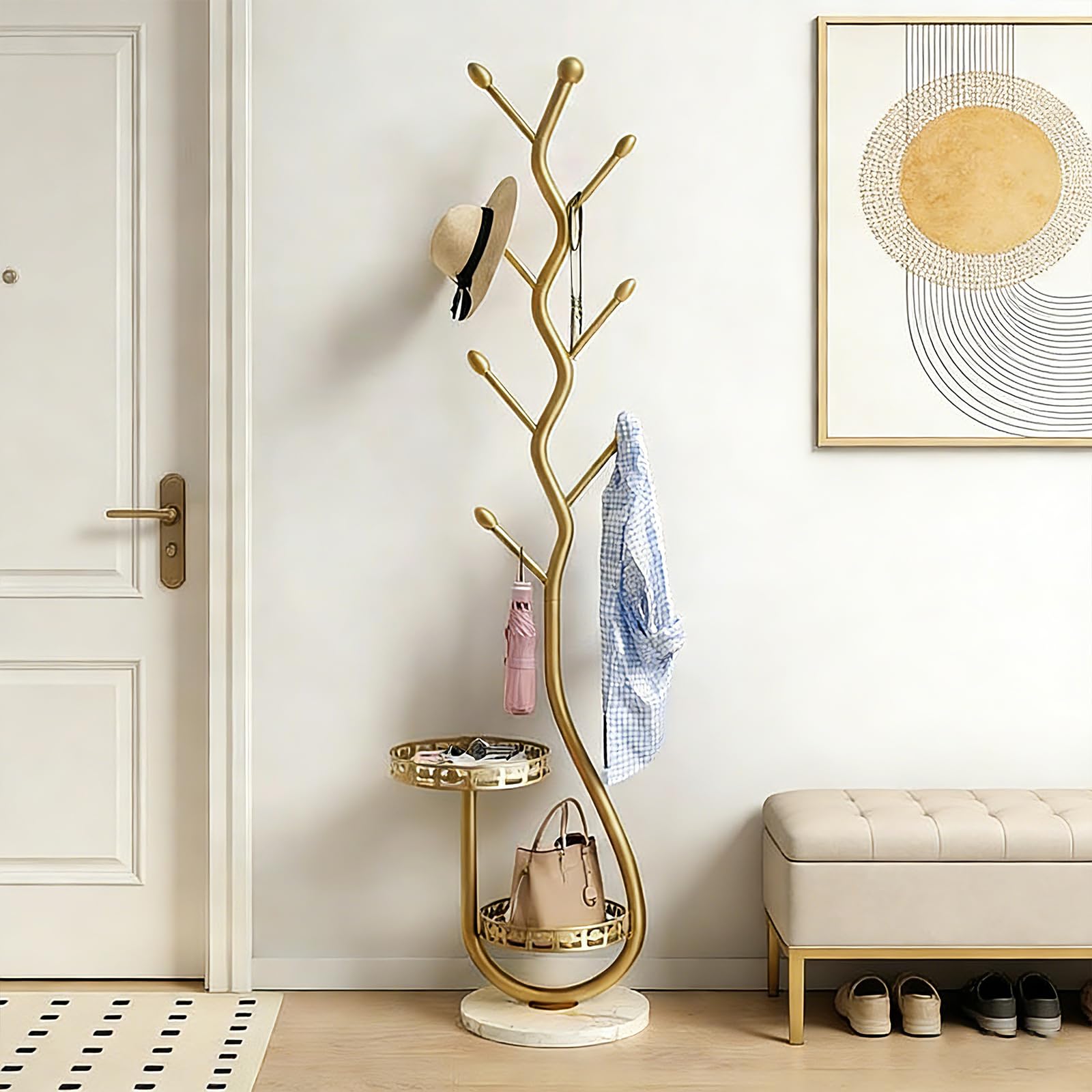 Js Space Gold-A Modern Coat Rack Freestanding Coat Hall Tree Metal Tall Entryway Coat Stand With 8 Coat Hooks Slim Black Coat Hanger For Bedroom, Hallway, Office And Small Spaces