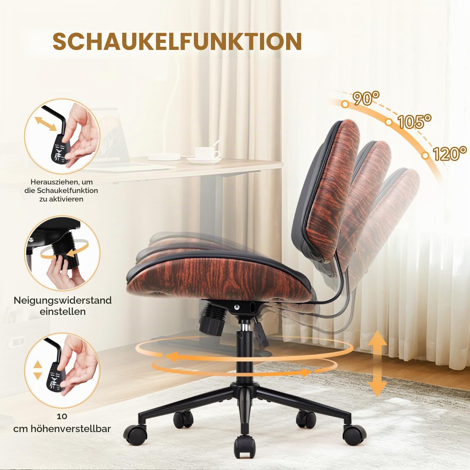 IWMH Bürostuhl Ohne Armlehnen Schreibtischstuhl Walnuss PULeder Rückenlehne | Kompakter Drehstuhl Computerstuhl Moderner Funktionsstuhl Walnuss-PU-Leder-Rückenlehne Schaukelfunktion Und Höhenverstellbar