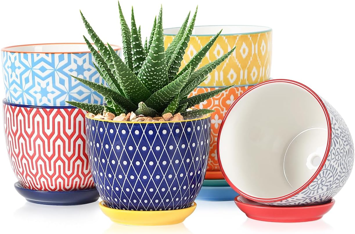 Selamica Ceramic Plant Pots, 4.6 Inch Flower Pots for Indoor Plants, Succulent Pots with Drainage Hole & Saucer, Succulent Planters for Succulent Cactus, Home Decor, Set of 4, Assorted Colors