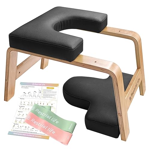Restrial Life Yoga Headstand Bench- Stand Yoga Chair for Family, Gym - Wood and PU Pads - Relieve Fatigue and Build Up Body (Multi-Color) - Black - 25.2*22.83*3.54