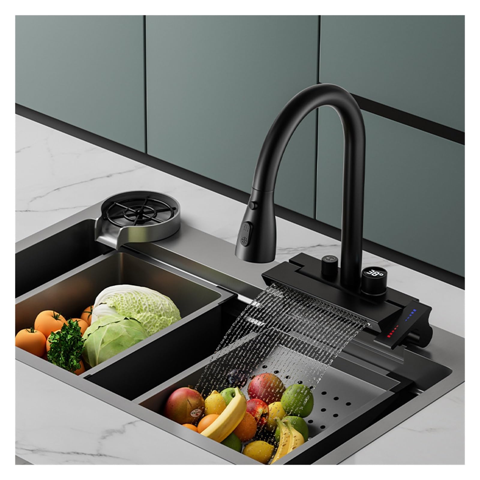 ZYCHSJXA Waterfall 3 Effluent Modes Faucet Basin Sink Single Hole PullOut with Digital Display All Copper Kitchen Faucet(C)