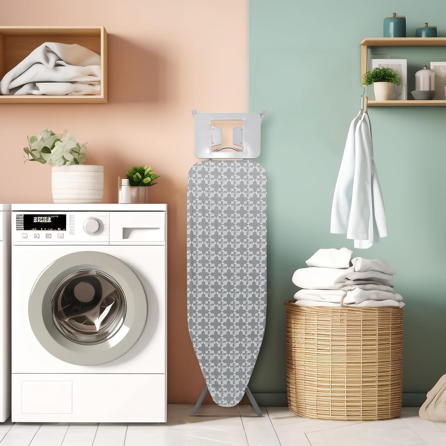 STO STO Ironing Board Full Size 45" x 14" with Iron Holder, 7 Height Options 29" to 36", Space Saving Foldable Iron Board with Removable Covers and Reinforced Steel Legs, Grayish Blue Plaid