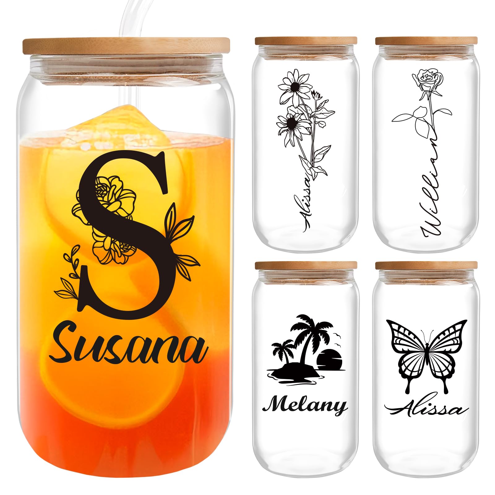 Personalized Glass Tumblers with Names - 15 Designs, 16 oz Custom Iced Coffee Glass Cups with Lids and Straws, Personalized Birthday Bridesmaids Gifts for Women Men