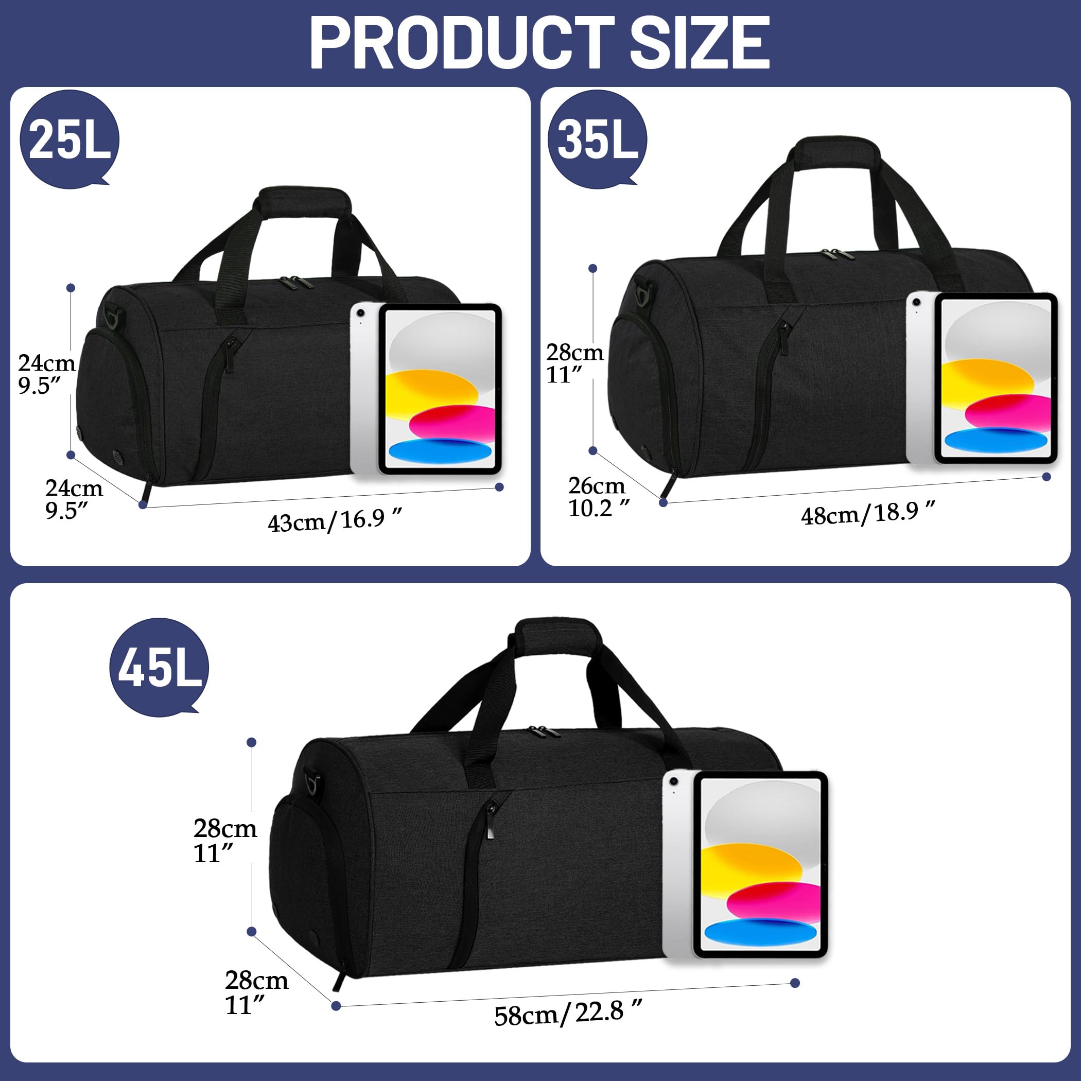 BECOJADDE Sporttaschen für Damen und Herren, 25L Reisetasche Duffel Bag Übernachtungstasche mit Schuhfach & Nassfach, wasserdichte Handgepäcktasche für Sport, Fitnessstudio, Schwimmen, Schwarz