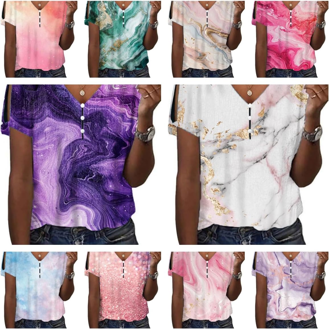 Womens 2024 Summer Marble Printed Tops Casual Short Sleeve Loose Fit Shirts V Neck Button Front Blouse Tops - Image 4